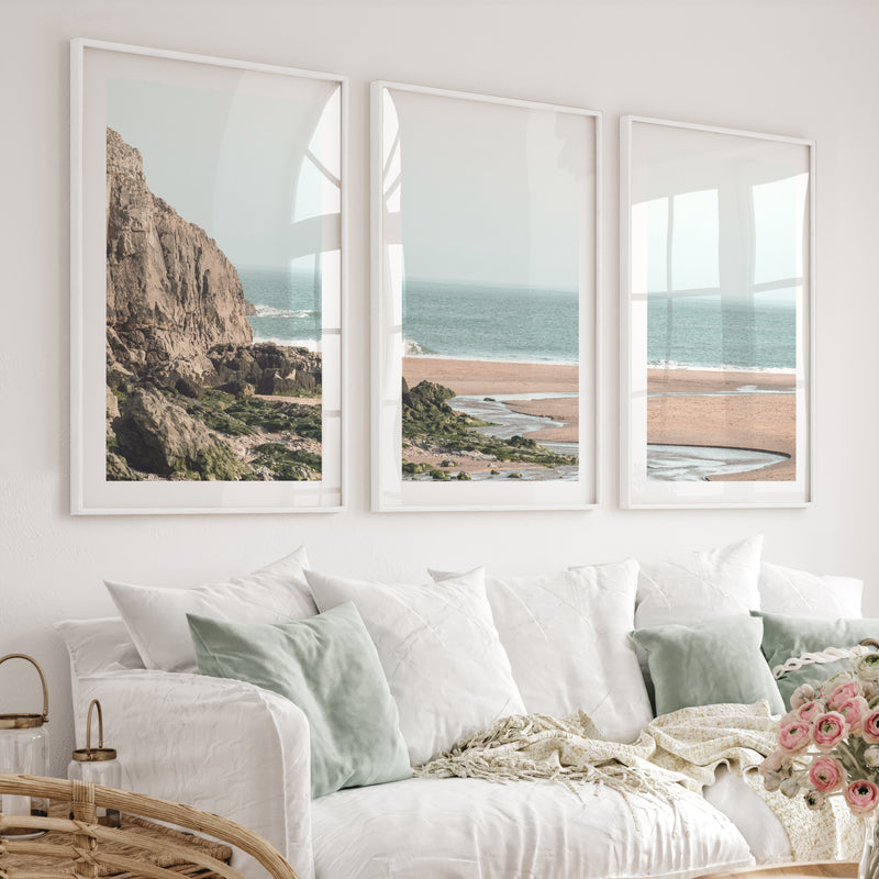 Rocky Beach Sea Print - White Framed Poster with White Border - Artworksets