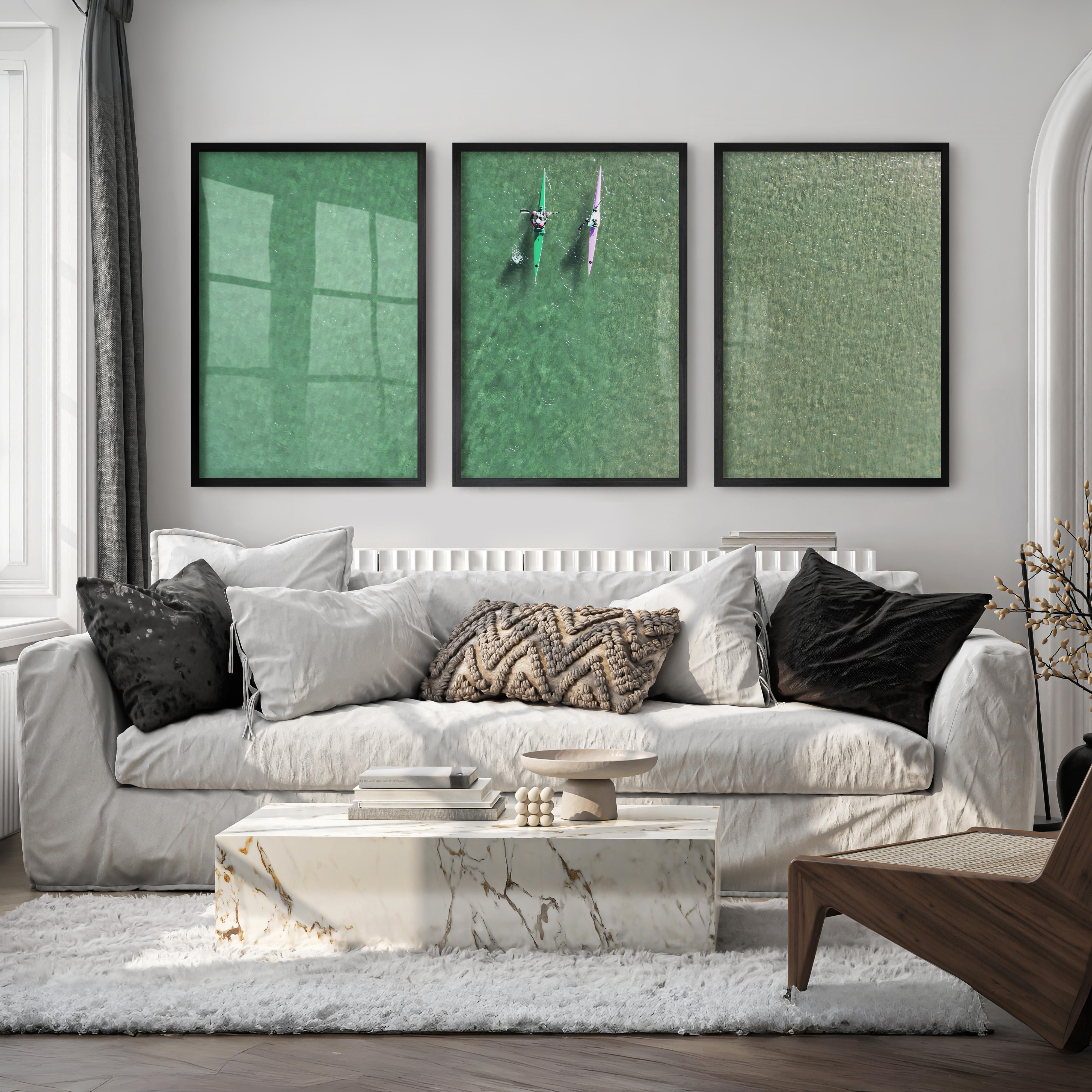 Aerial kayaks sea print over clear green water - Black Framed Poster No Border - Artworksets
