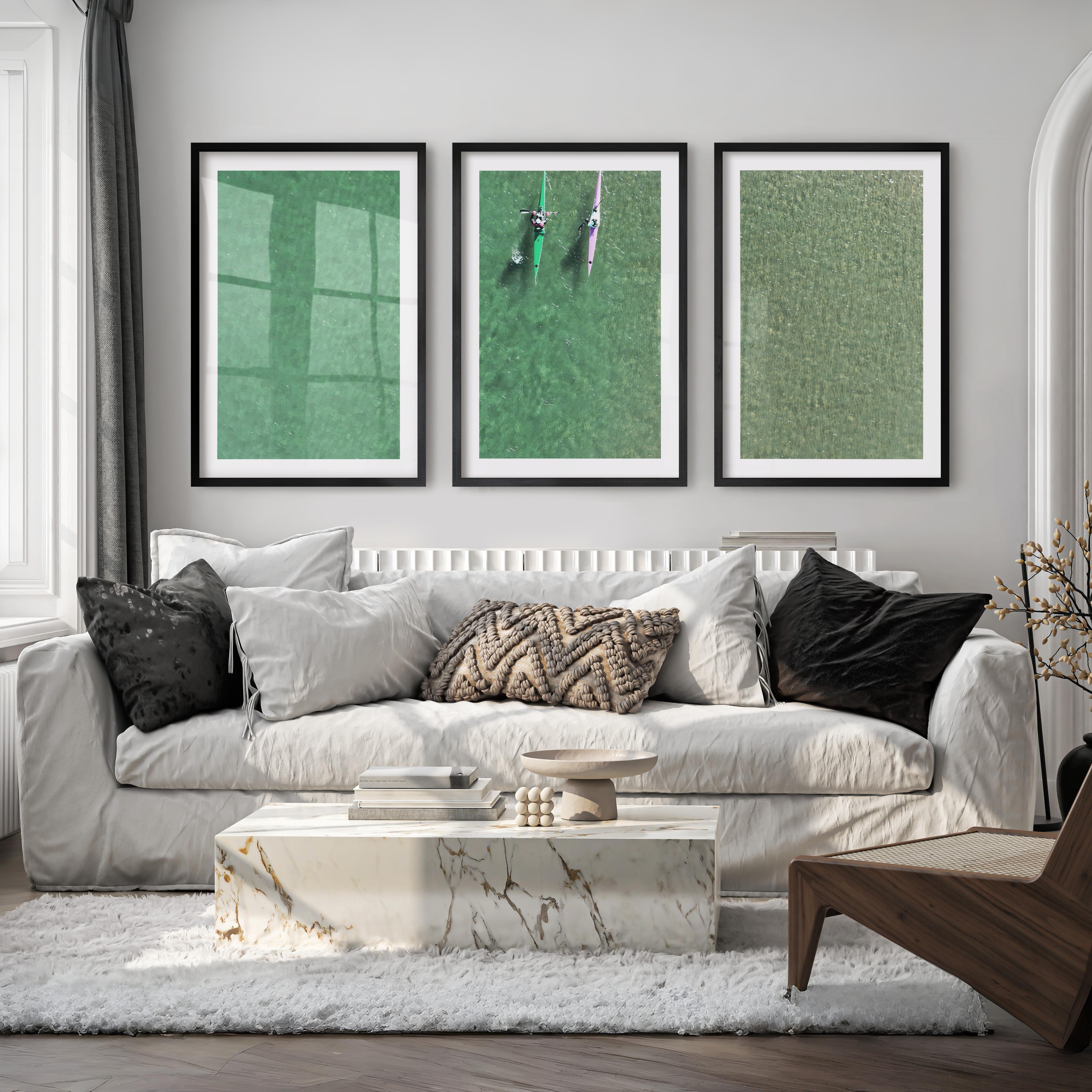 Aerial kayaks sea print over clear green water - Black Framed Poster with White Border - Artworksets