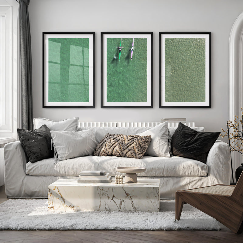 Aerial kayaks sea print over clear green water - Black Framed Poster with White Border - Artworksets