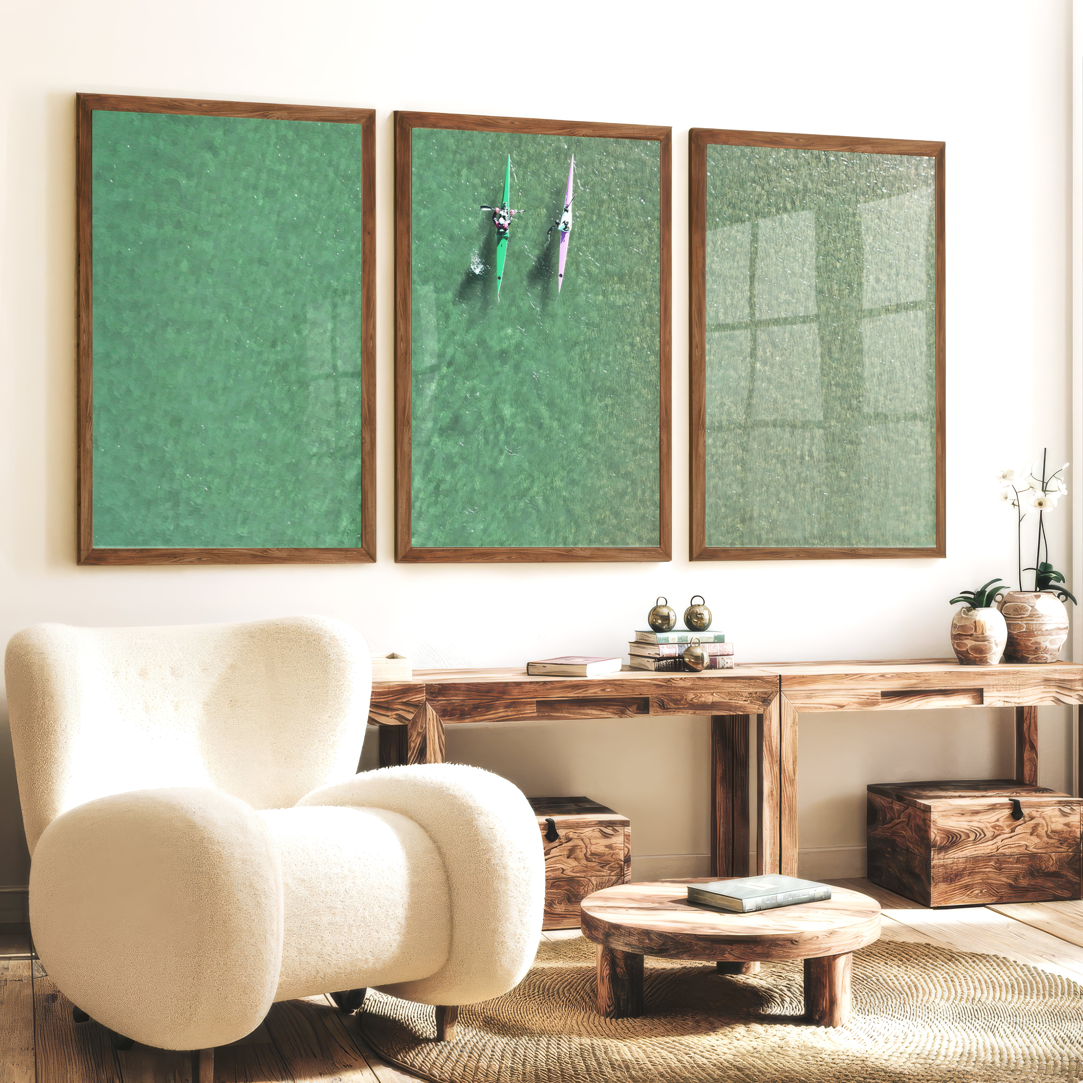 Aerial kayaks sea print over clear green water - Dark Brown Framed Poster No Border - Artworksets