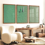 Aerial kayaks sea print over clear green water - Dark Brown Framed Poster No Border - Artworksets