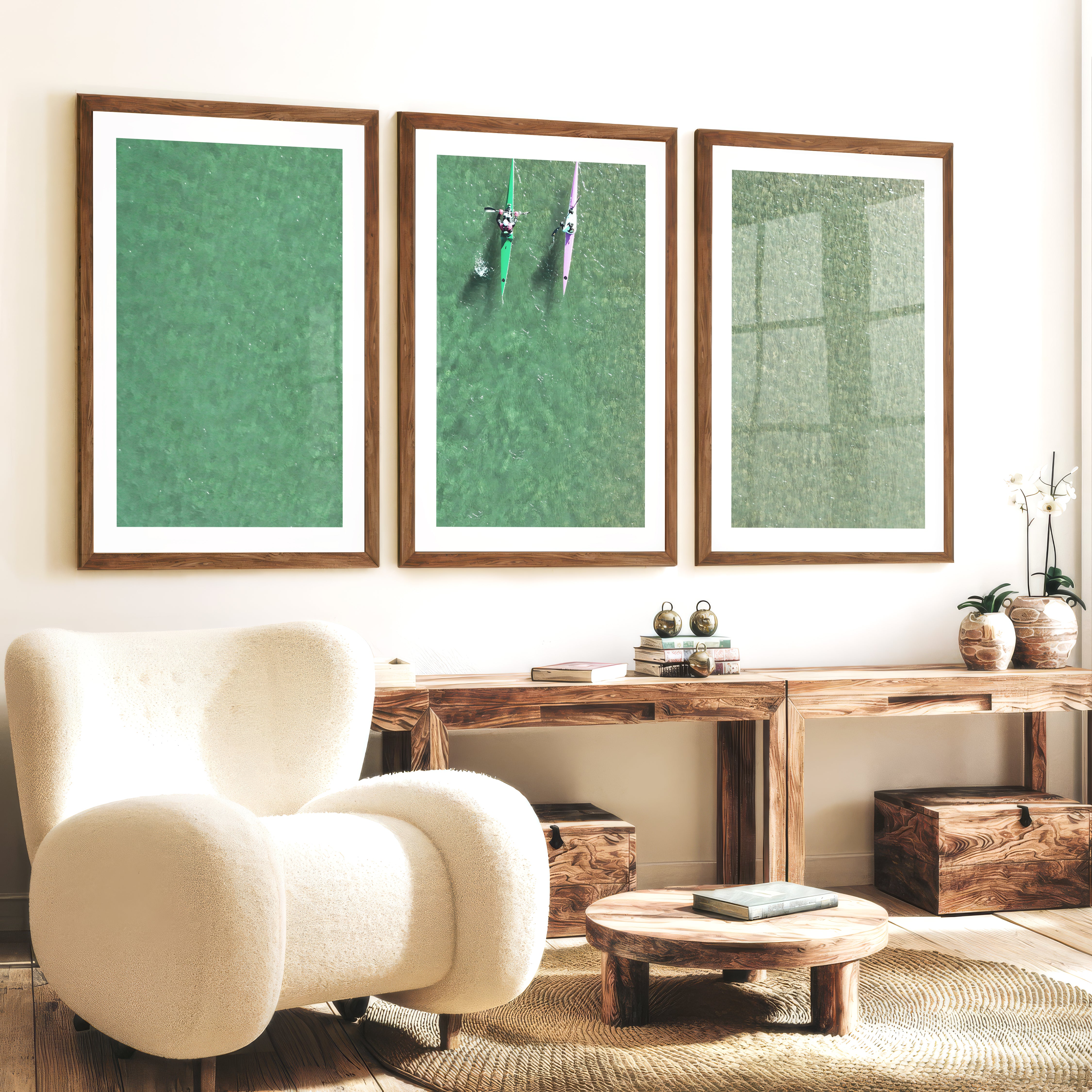 Aerial kayaks sea print over clear green water - Dark Brown Framed Poster with White Border - Artworksets