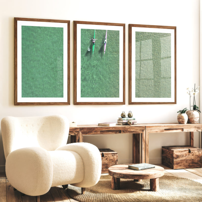 Aerial kayaks sea print over clear green water - Dark Brown Framed Poster with White Border - Artworksets