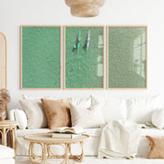 Aerial kayaks sea print over clear green water - Natural Wood Framed Poster No Border - Artworksets