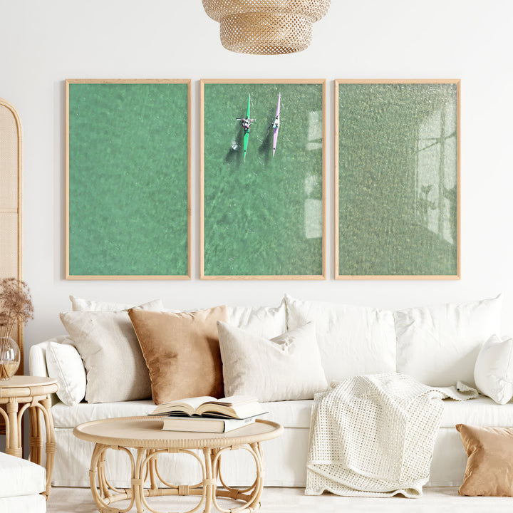 Aerial kayaks sea print over clear green water - Natural Wood Framed Poster No Border - Artworksets
