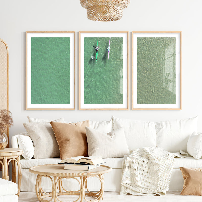 Aerial kayaks sea print over clear green water- Natural Wood Framed Poster with White Border - Artworksets