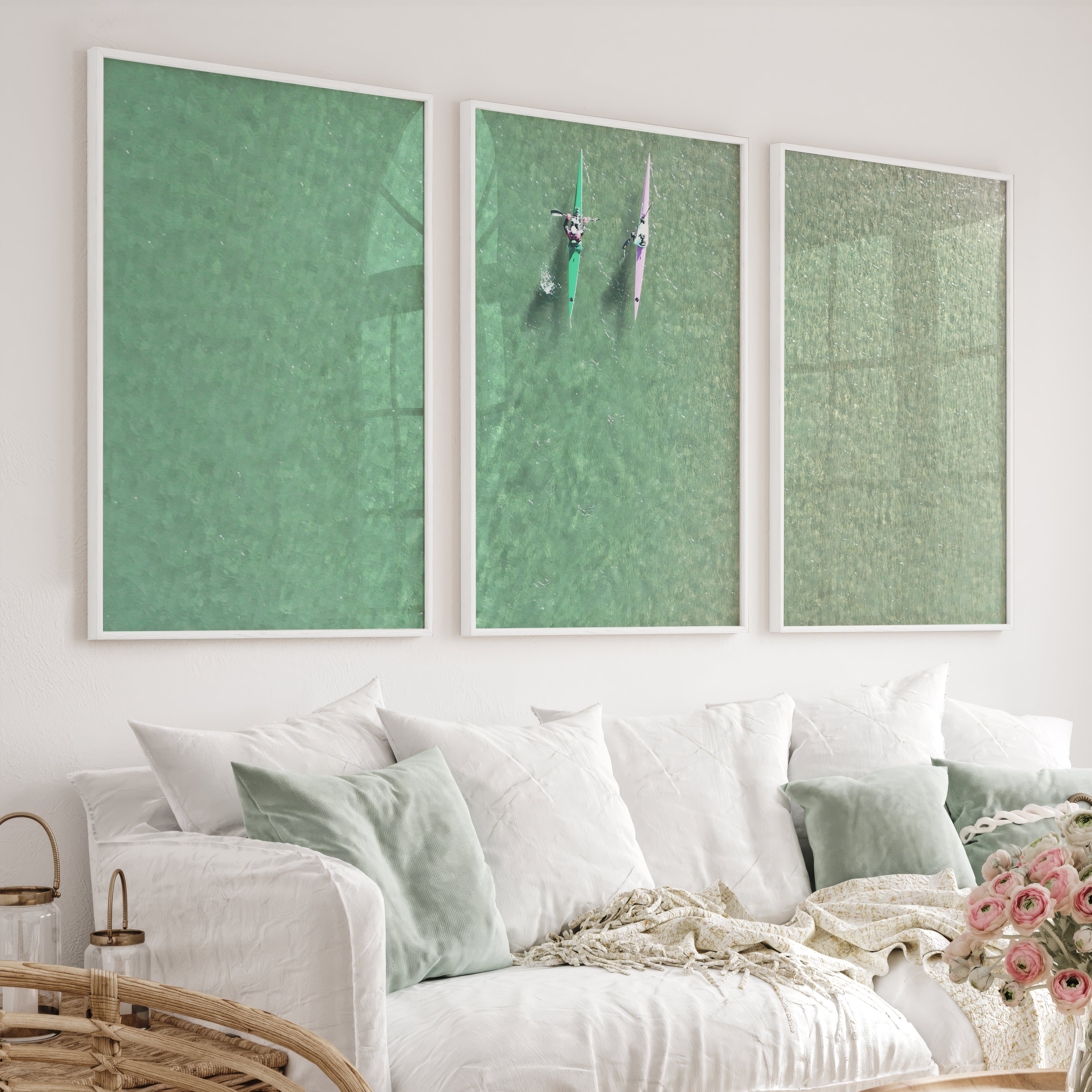Aerial kayaks sea print over clear green water - White Framed Poster No Border - Artworksets