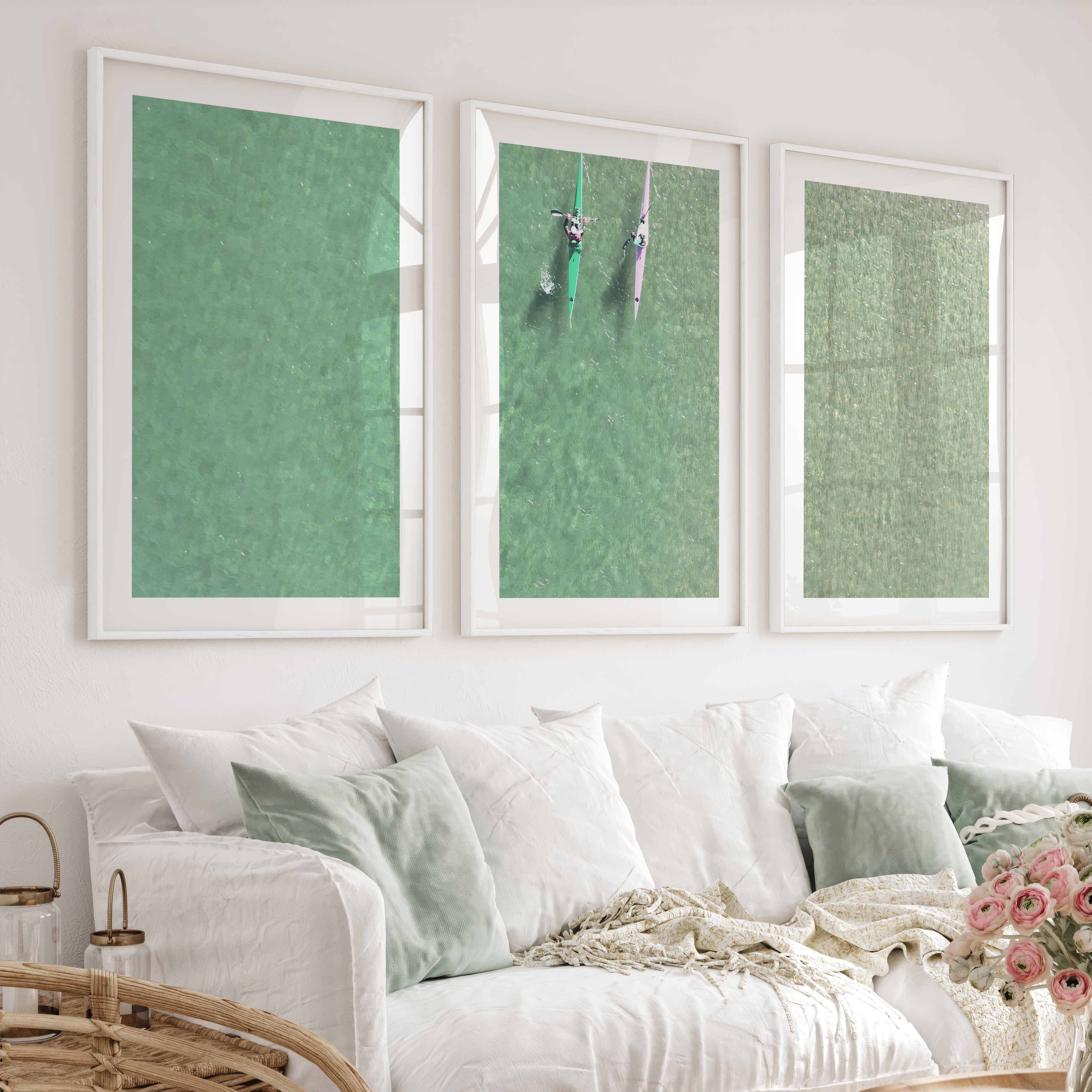 Aerial kayaks sea print over clear green water - White Framed Poster with White Border - Artworksets