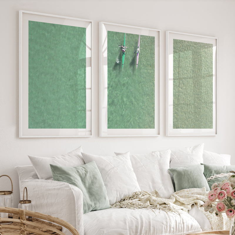 Aerial kayaks sea print over clear green water - White Framed Poster with White Border - Artworksets