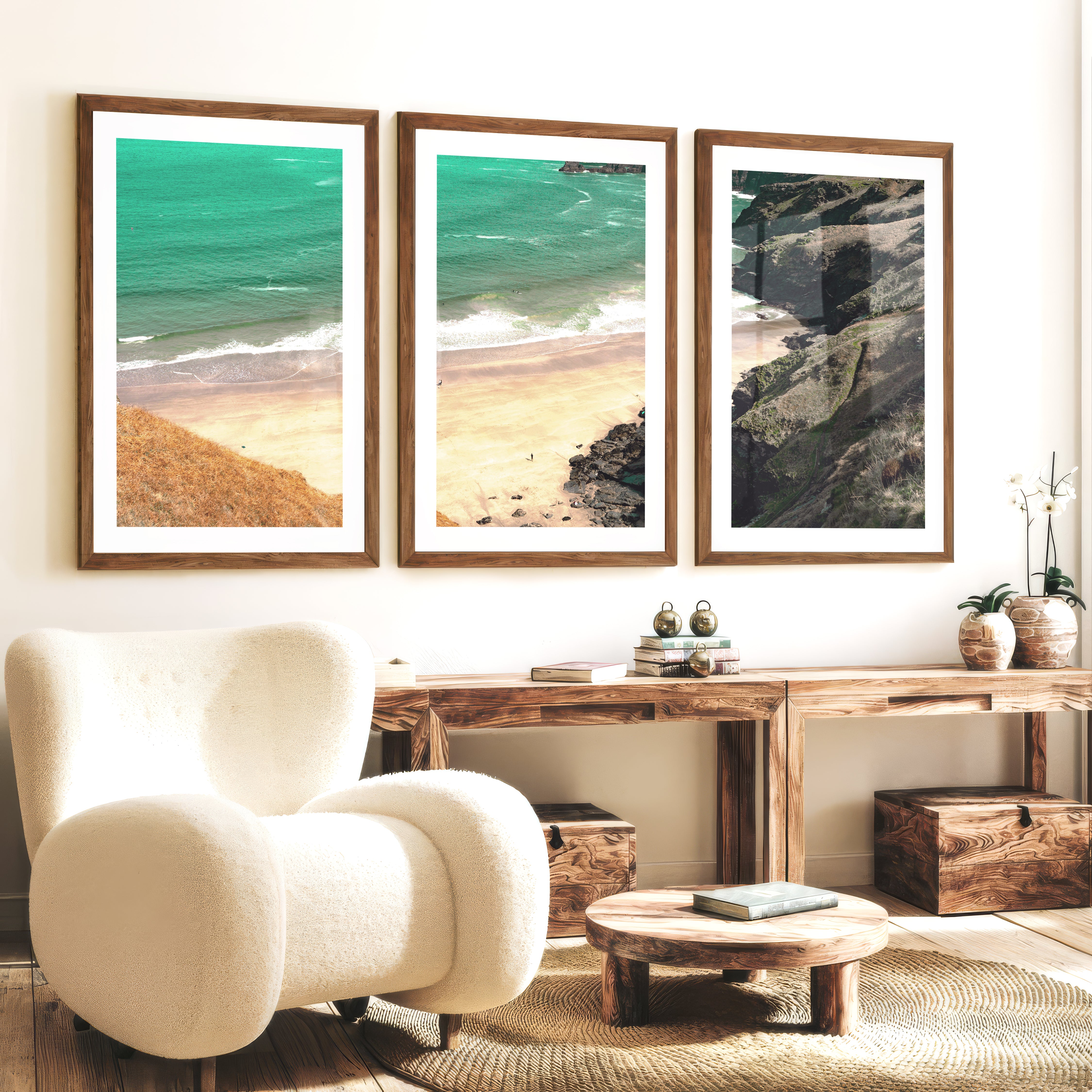 Cliff Cove sea prints - Dark Brown Framed Poster with White Border - Artworksets