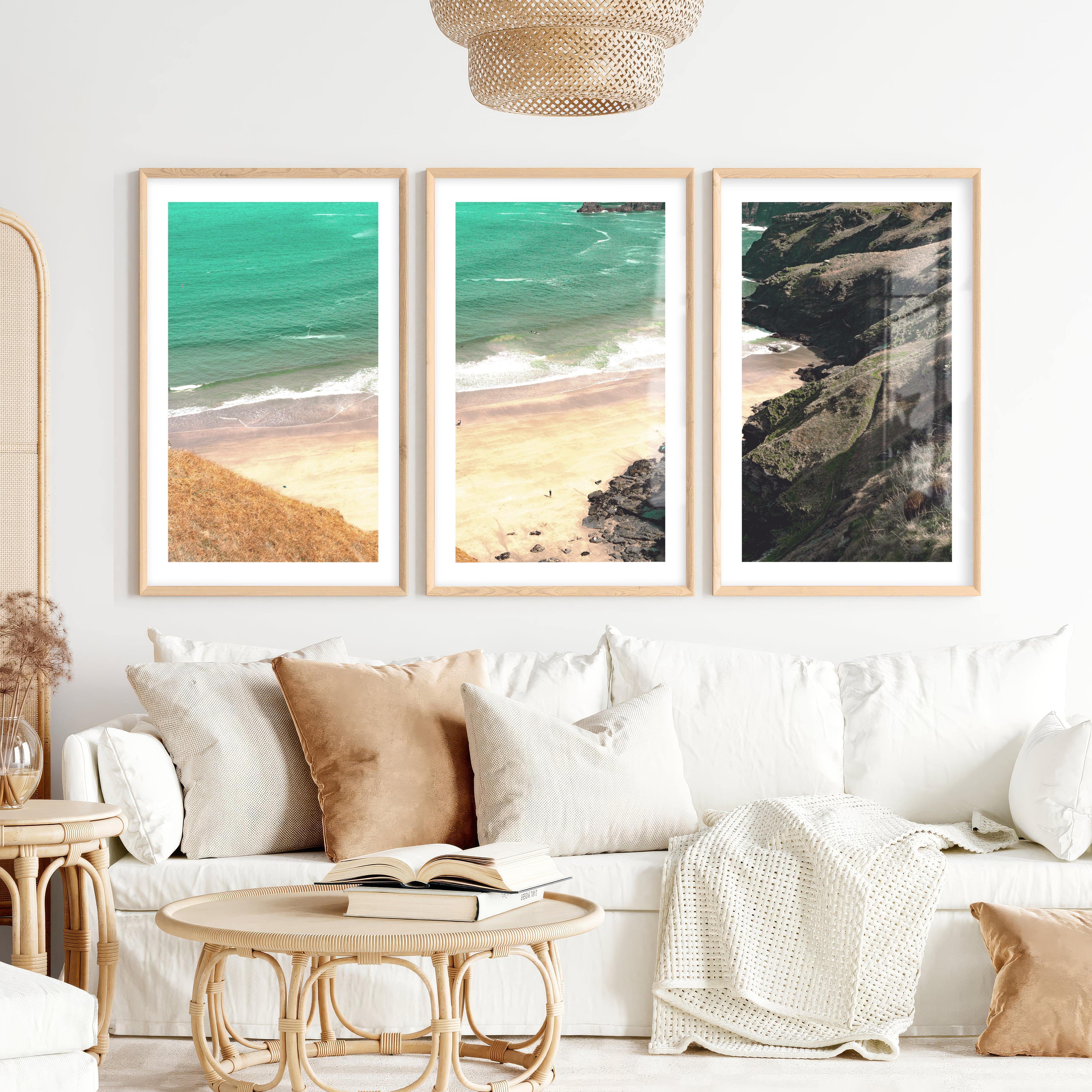 Cliff Cove sea prints- Natural Wood Framed Poster with White Border - Artworksets