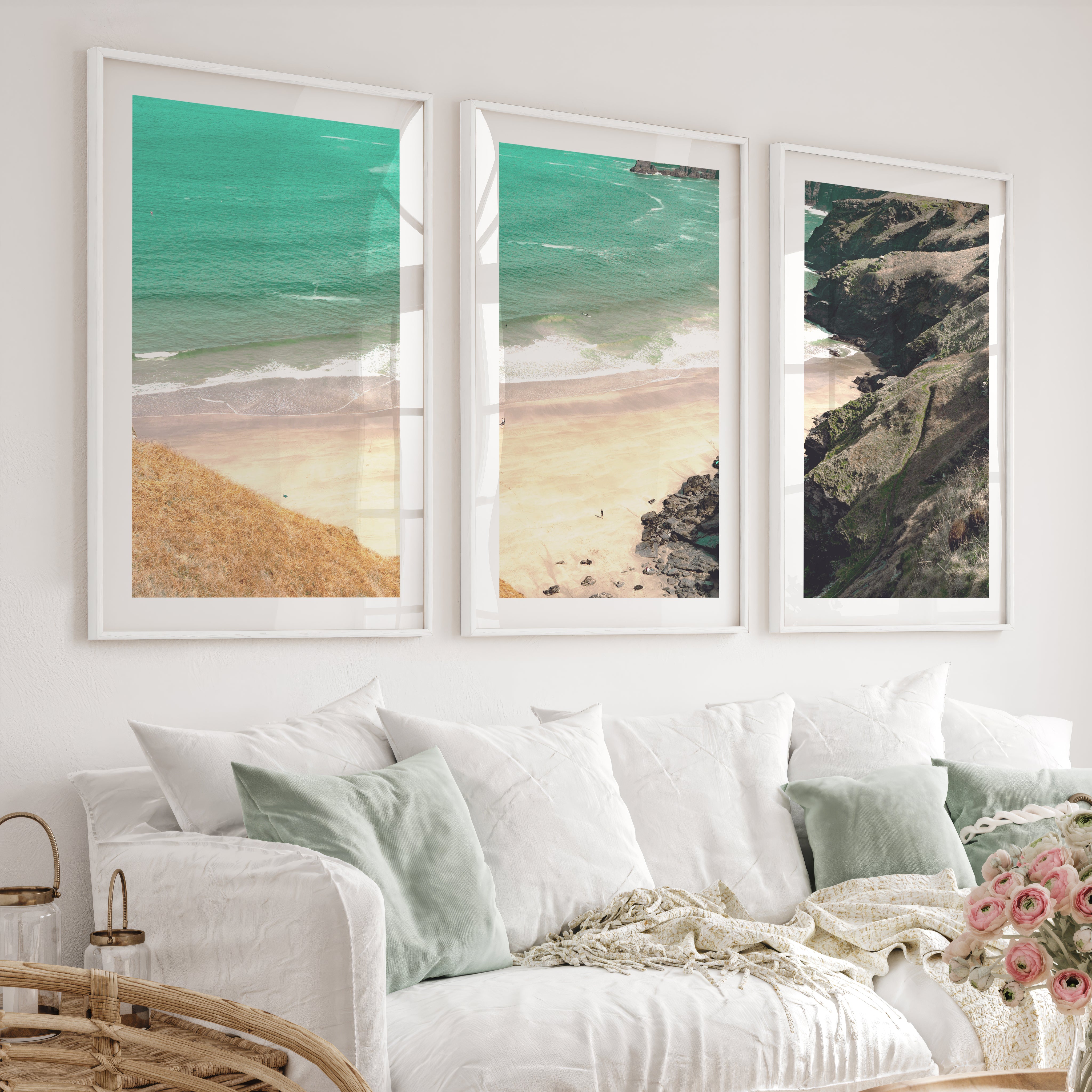 Cliff Cove sea prints - White Framed Poster with White Border - Artworksets