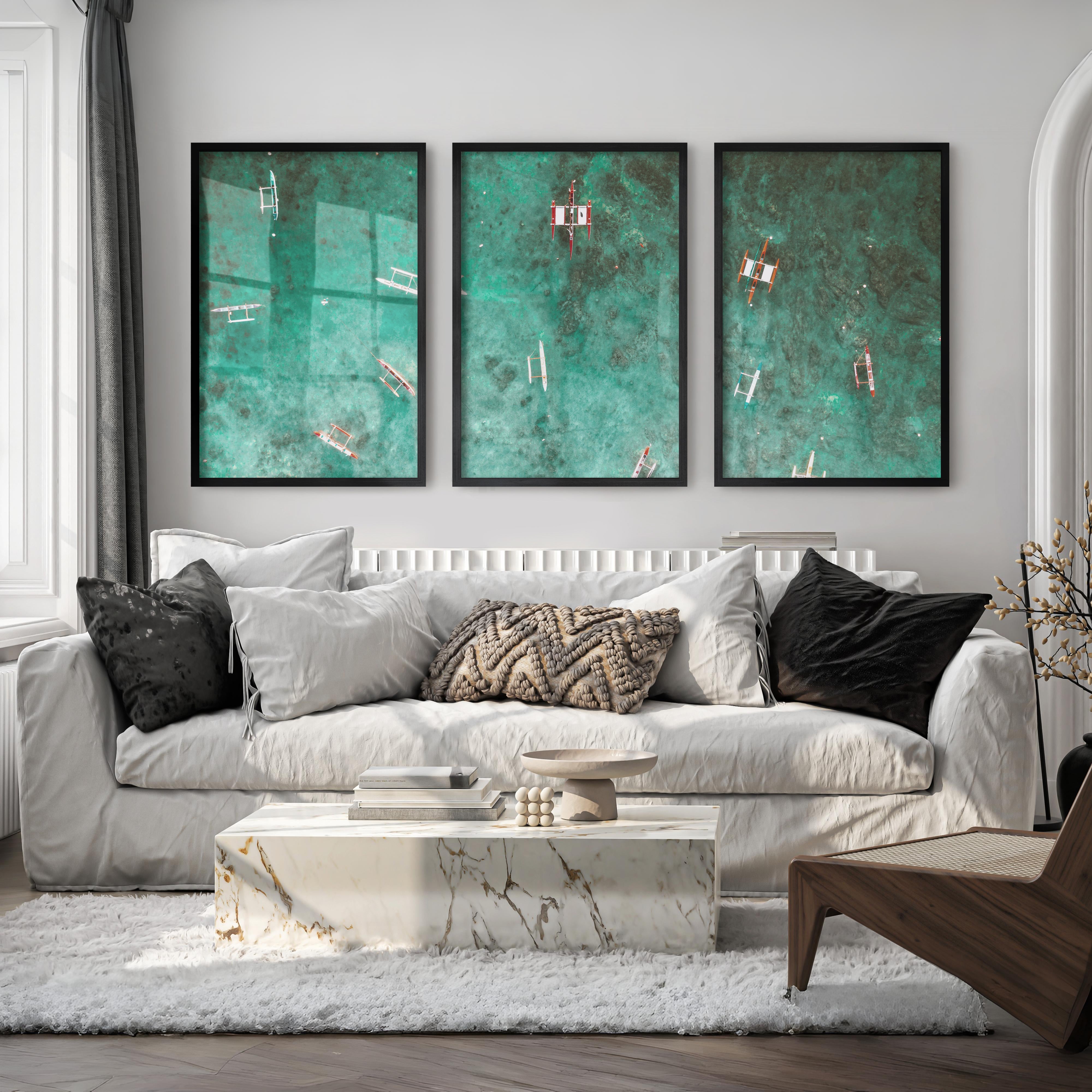 Aerial Outrigger Boats Sea Themed Wall Decor - Black Framed Poster No Border - Artworksets
