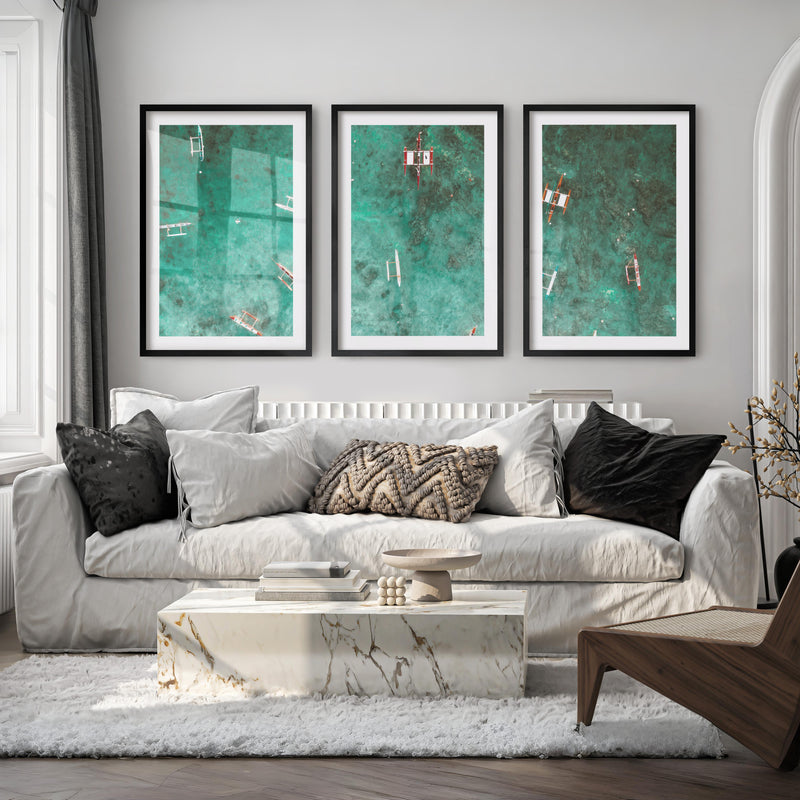 Aerial Outrigger Boats Sea Themed Wall Decor - Black Framed Poster with White Border - Artworksets