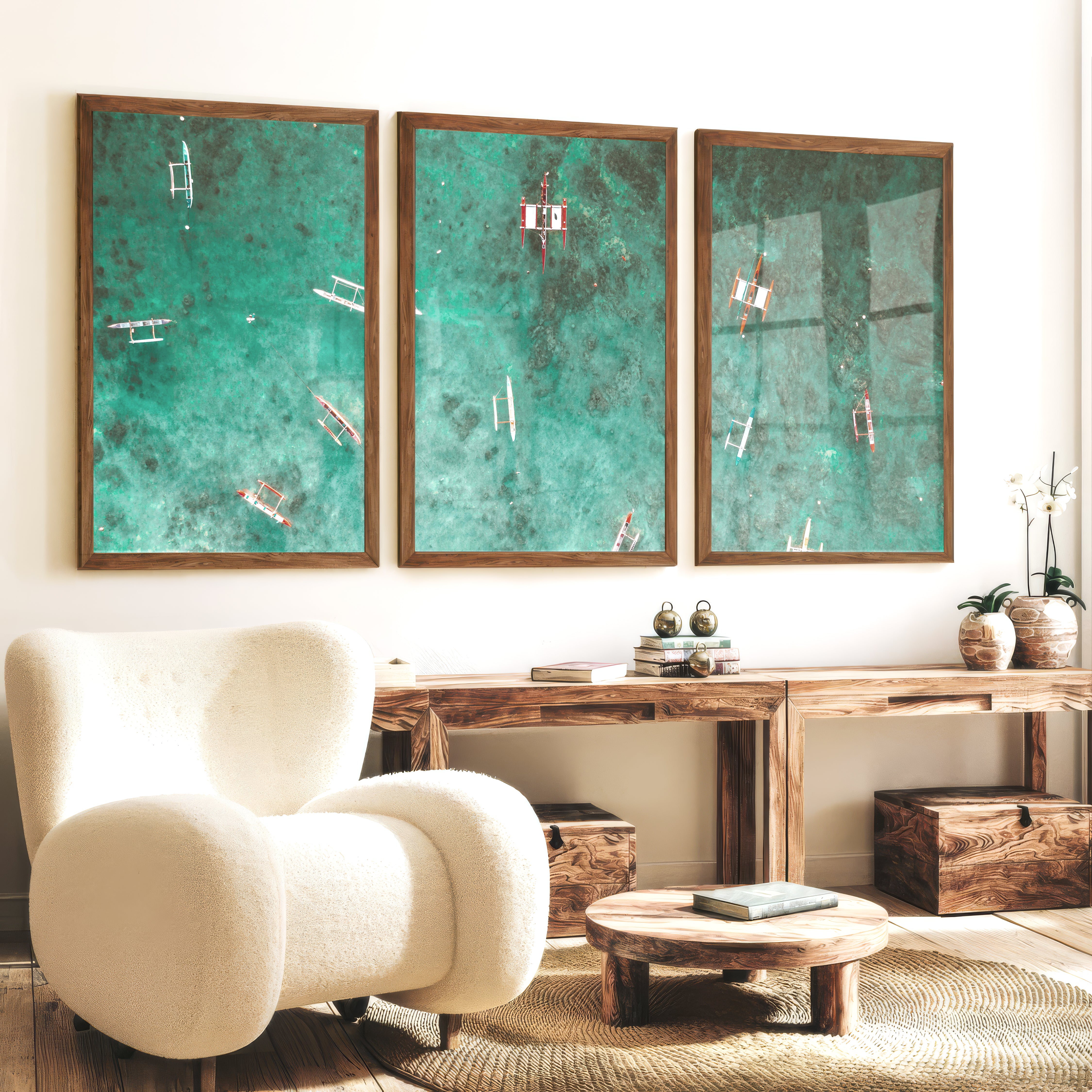 Aerial Outrigger Boats Sea Themed Wall Decor - Dark Brown Framed Poster No Border - Artworksets