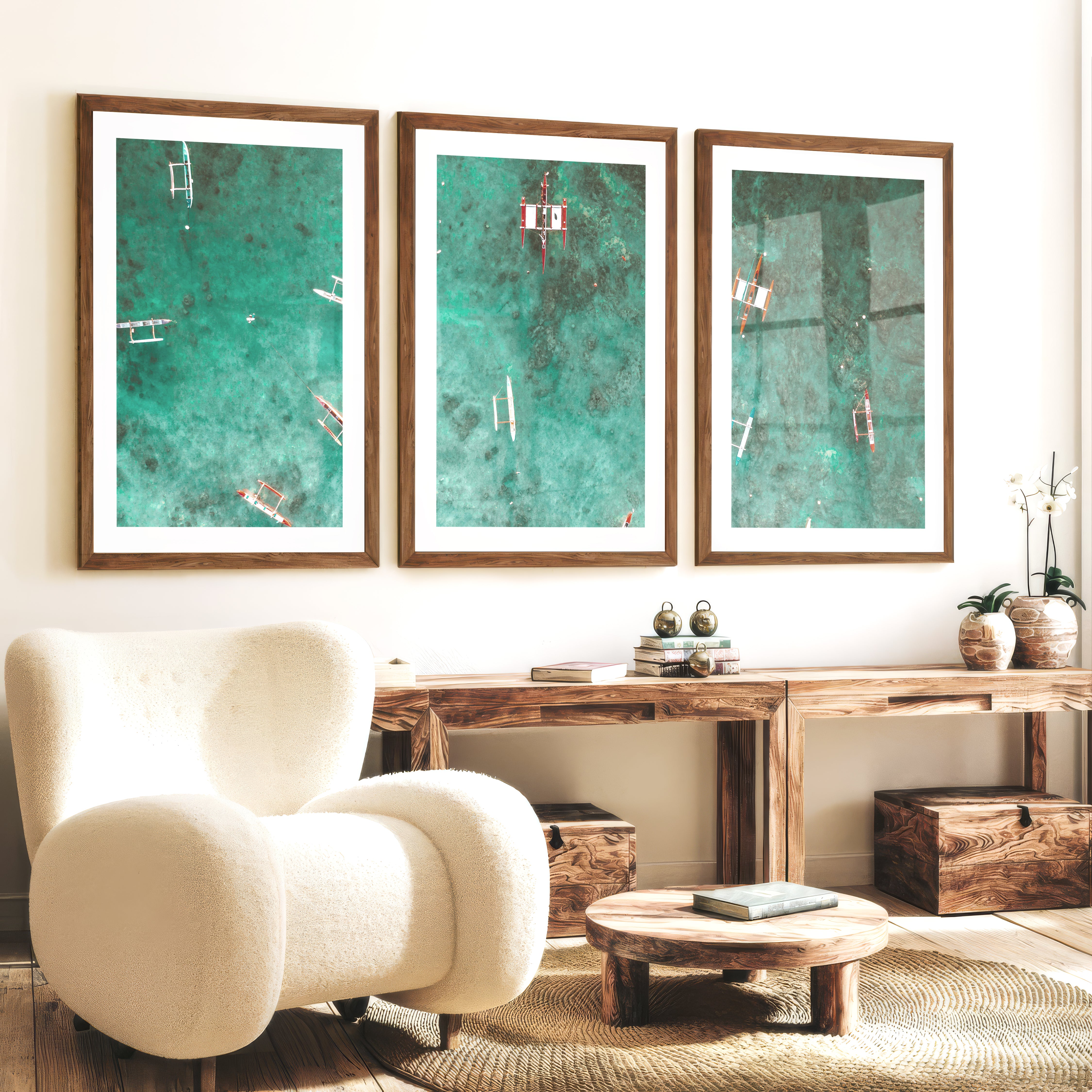 Aerial Outrigger Boats Sea Themed Wall Decor - Dark Brown Framed Poster with White Border - Artworksets