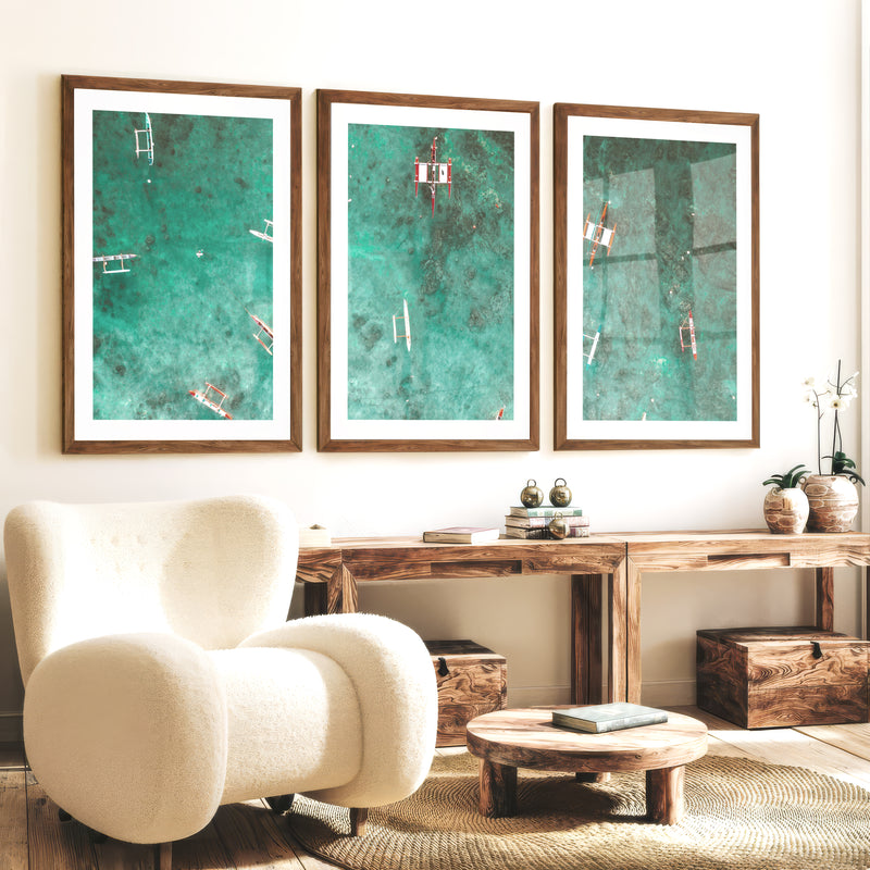Aerial Outrigger Boats Sea Themed Wall Decor - Dark Brown Framed Poster with White Border - Artworksets