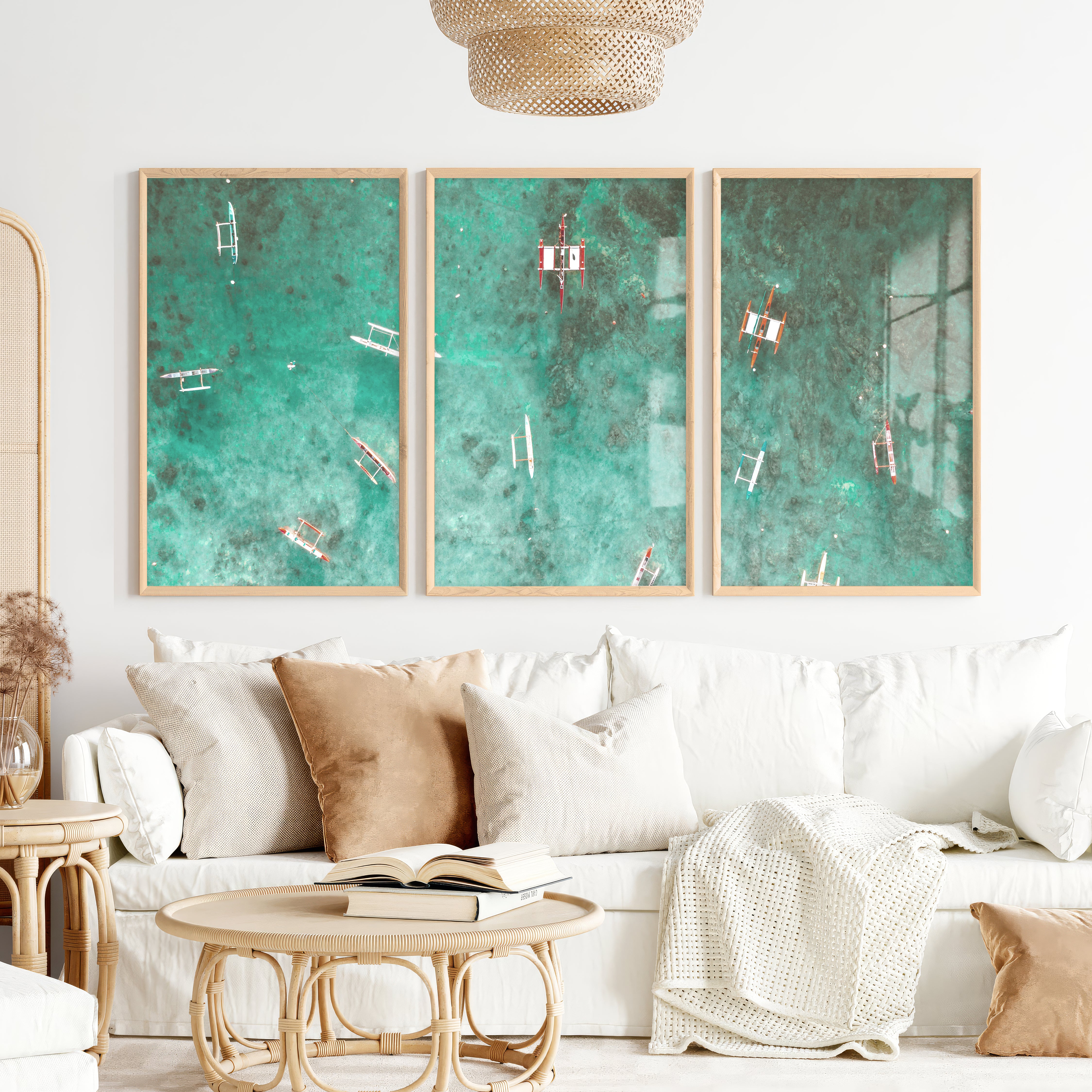 Aerial Outrigger Boats Sea Themed Wall Decor - Natural Wood Framed Poster No Border - Artworksets