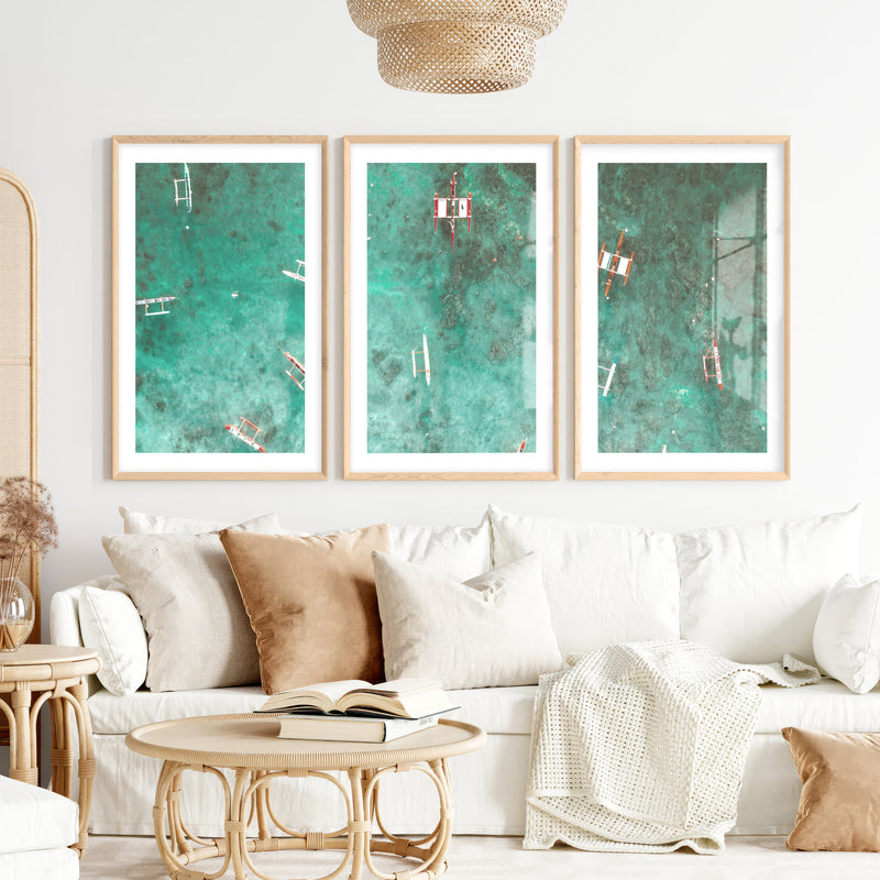 Aerial Outrigger Boats Sea Themed Wall Decor- Natural Wood Framed Poster with White Border - Artworksets