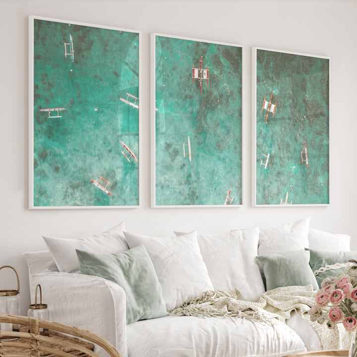 Aerial Outrigger Boats Sea Themed Wall Decor - White Framed Poster No Border - Artworksets