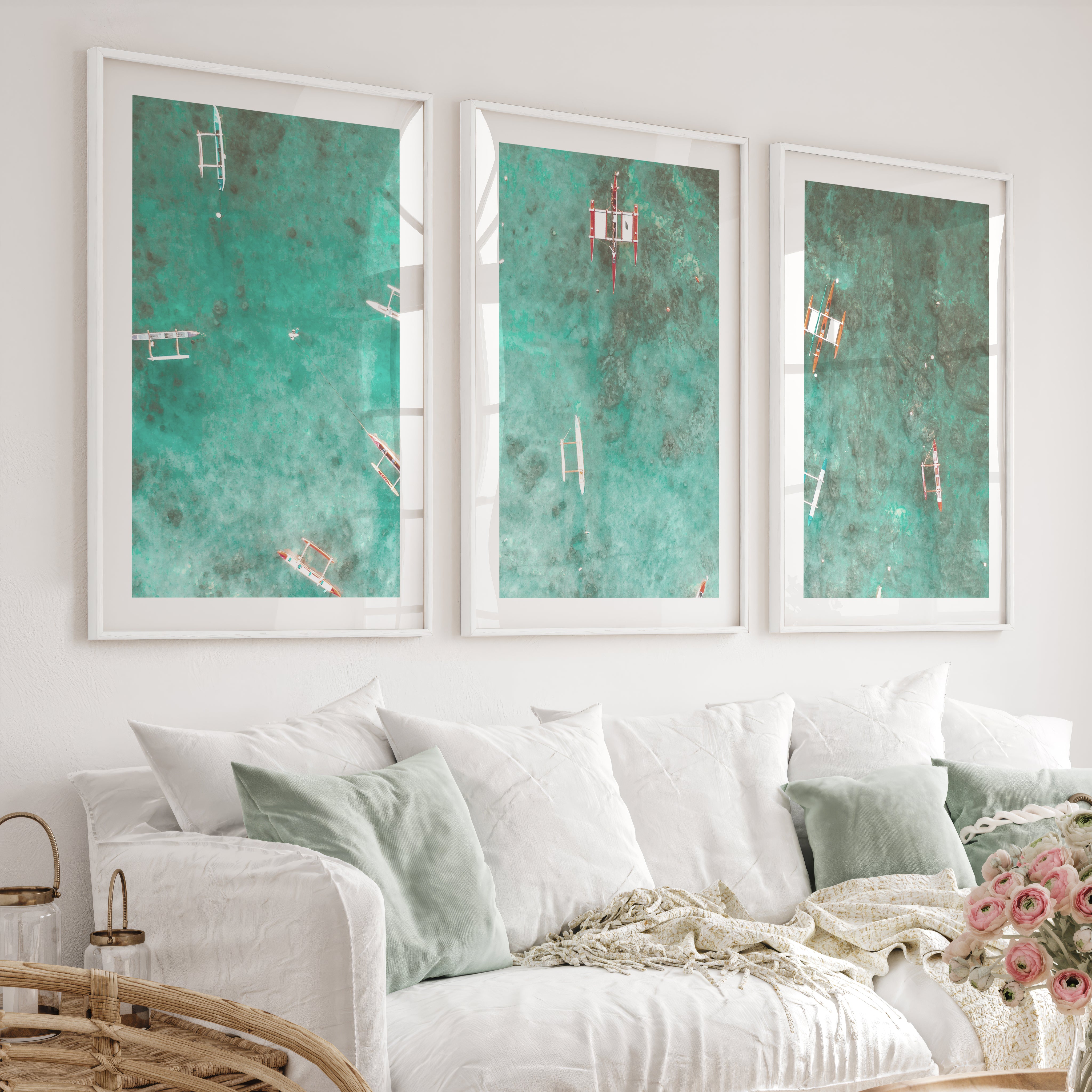 Aerial Outrigger Boats Sea Themed Wall Decor - White Framed Poster with White Border - Artworksets