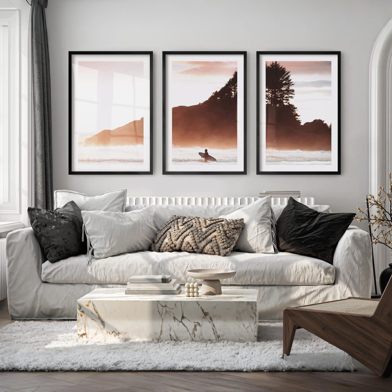 Sunset Surfer Sea Themed Wall Decor - Black Framed Poster with White Border - Artworksets