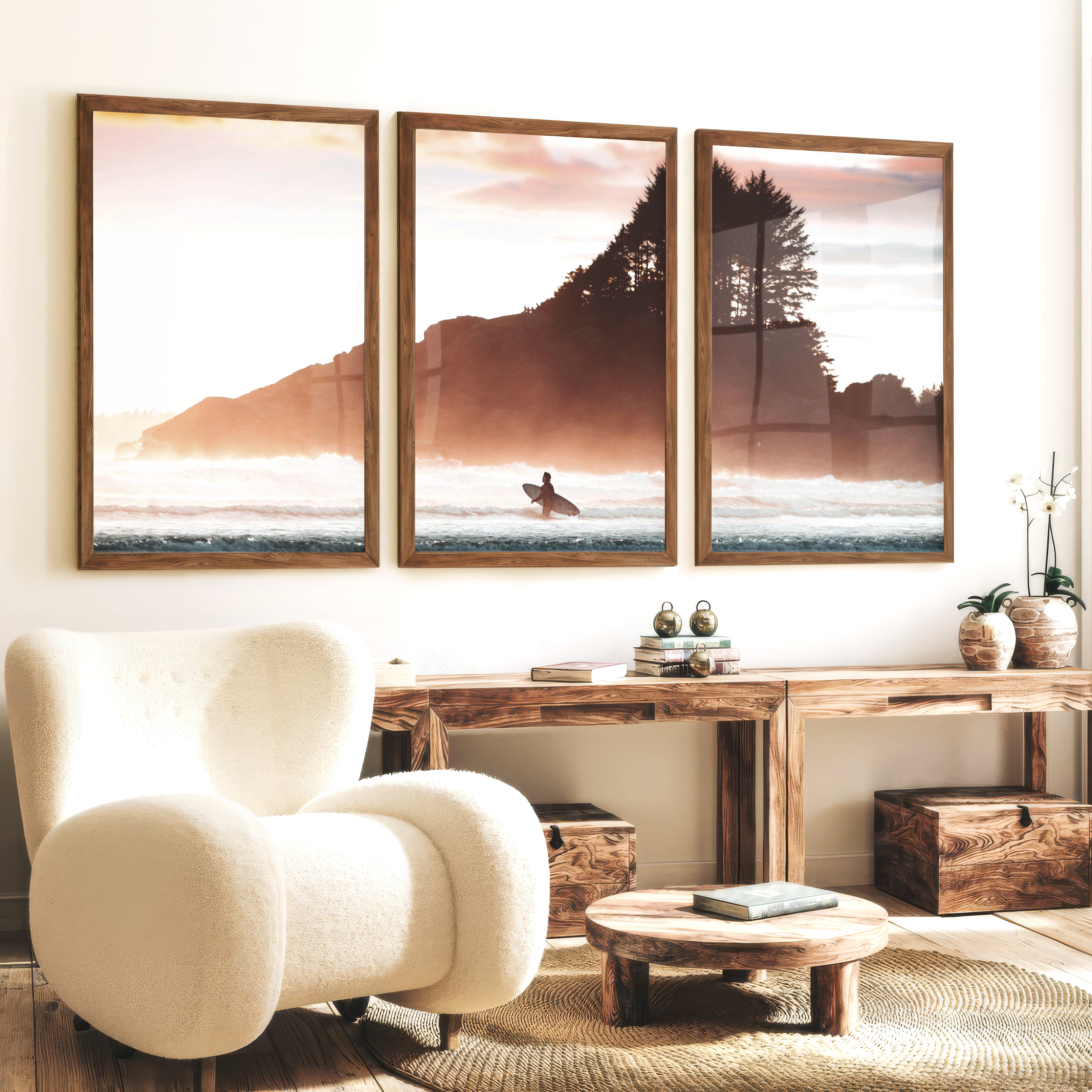 Sunset Surfer Sea Themed Wall Decor - Dark Brown Framed Poster No Border - Artworksets