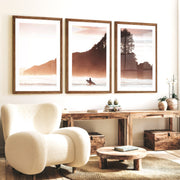 Sunset Surfer Sea Themed Wall Decor - Dark Brown Framed Poster with White Border - Artworksets