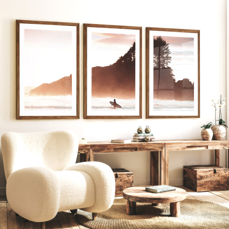 Sunset Surfer Sea Themed Wall Decor - Dark Brown Framed Poster with White Border - Artworksets