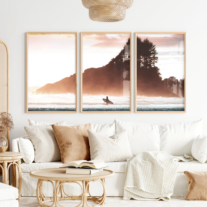 Sunset Surfer Sea Themed Wall Decor - Natural Wood Framed Poster No Border - Artworksets
