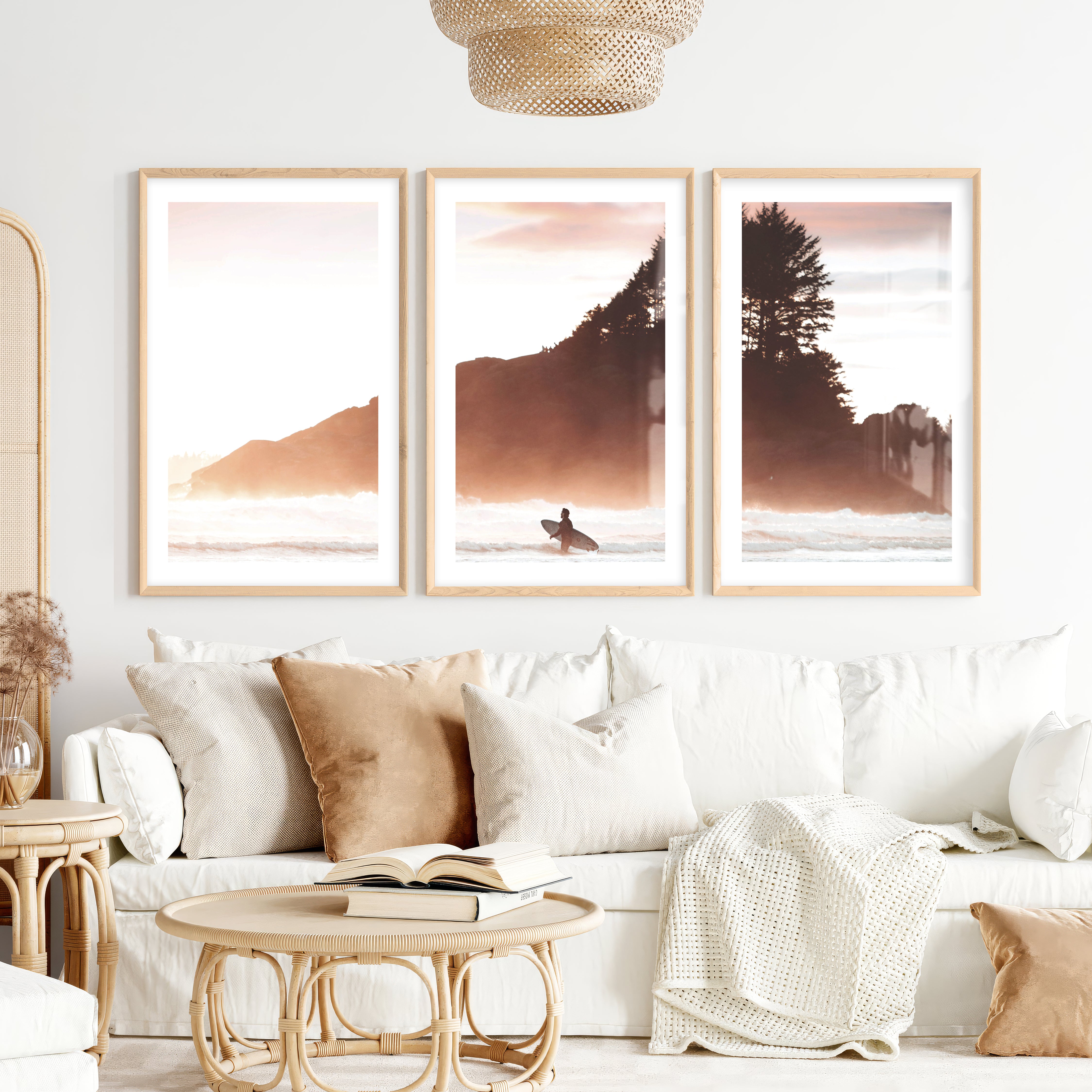 Sunset Surfer Sea Themed Wall Decor- Natural Wood Framed Poster with White Border - Artworksets
