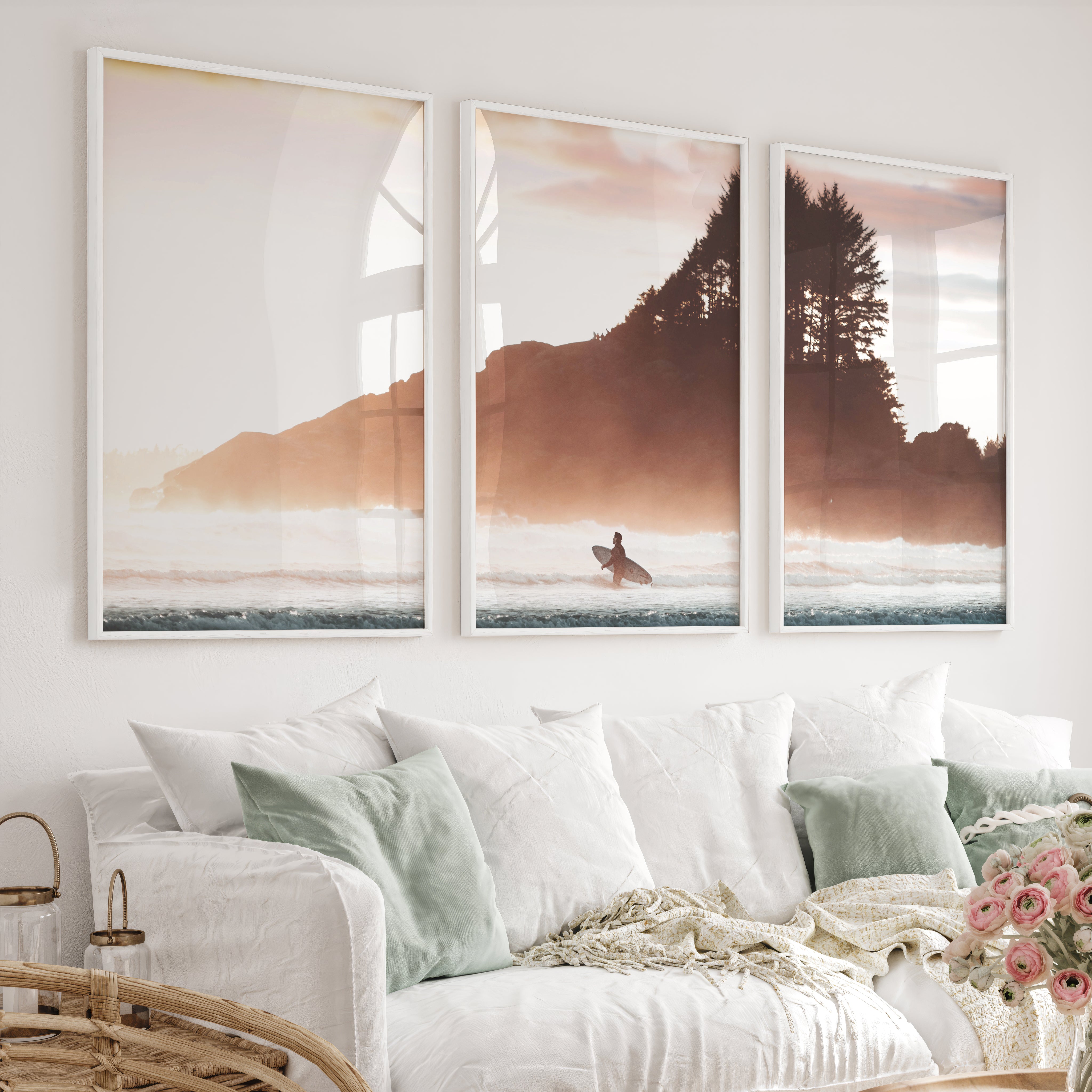 Sunset Surfer Sea Themed Wall Decor - White Framed Poster No Border - Artworksets