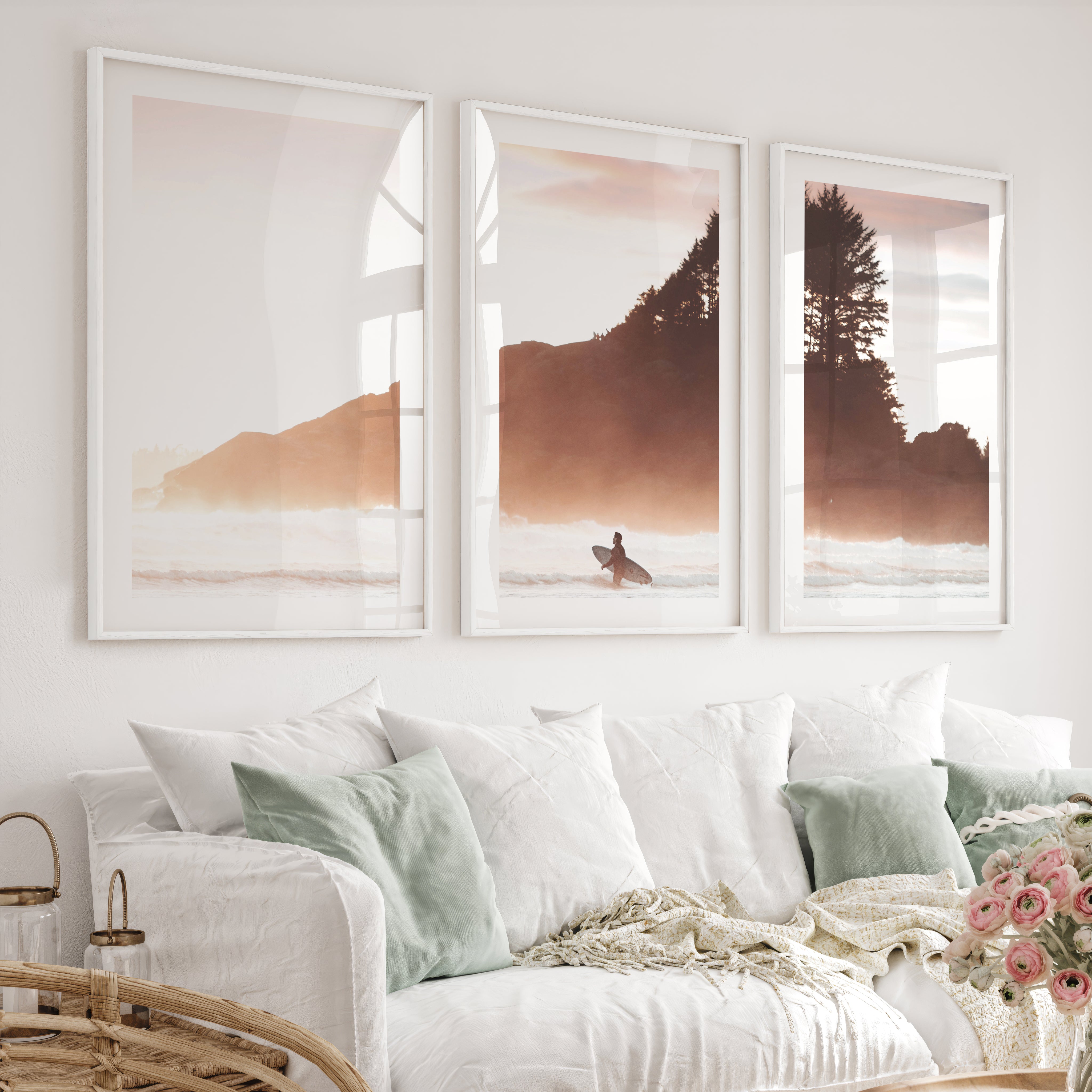 Sunset Surfer Sea Themed Wall Decor - White Framed Poster with White Border - Artworksets