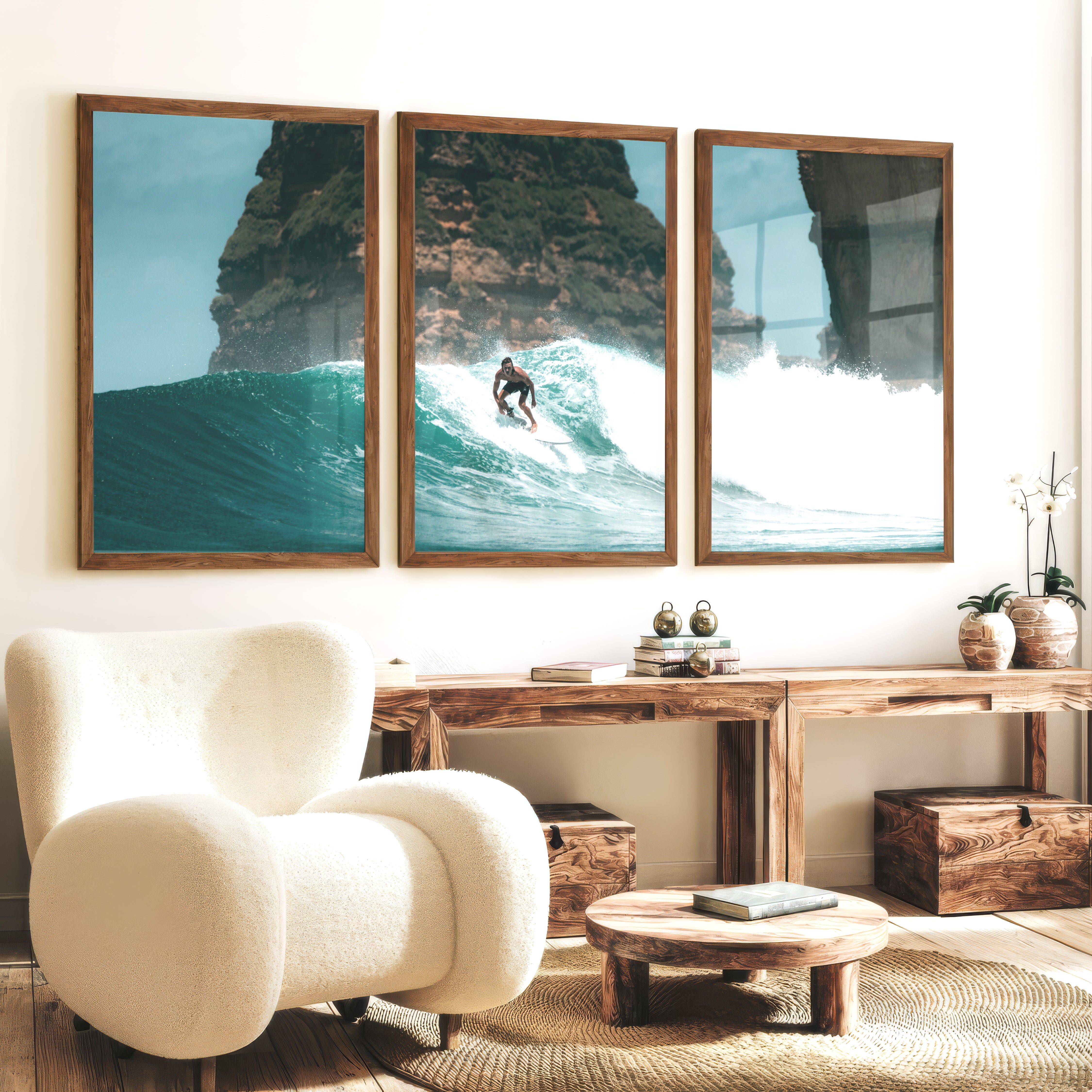 Island Break Surfer sea themed wall decor - Dark Brown Framed Poster No Border - Artworksets