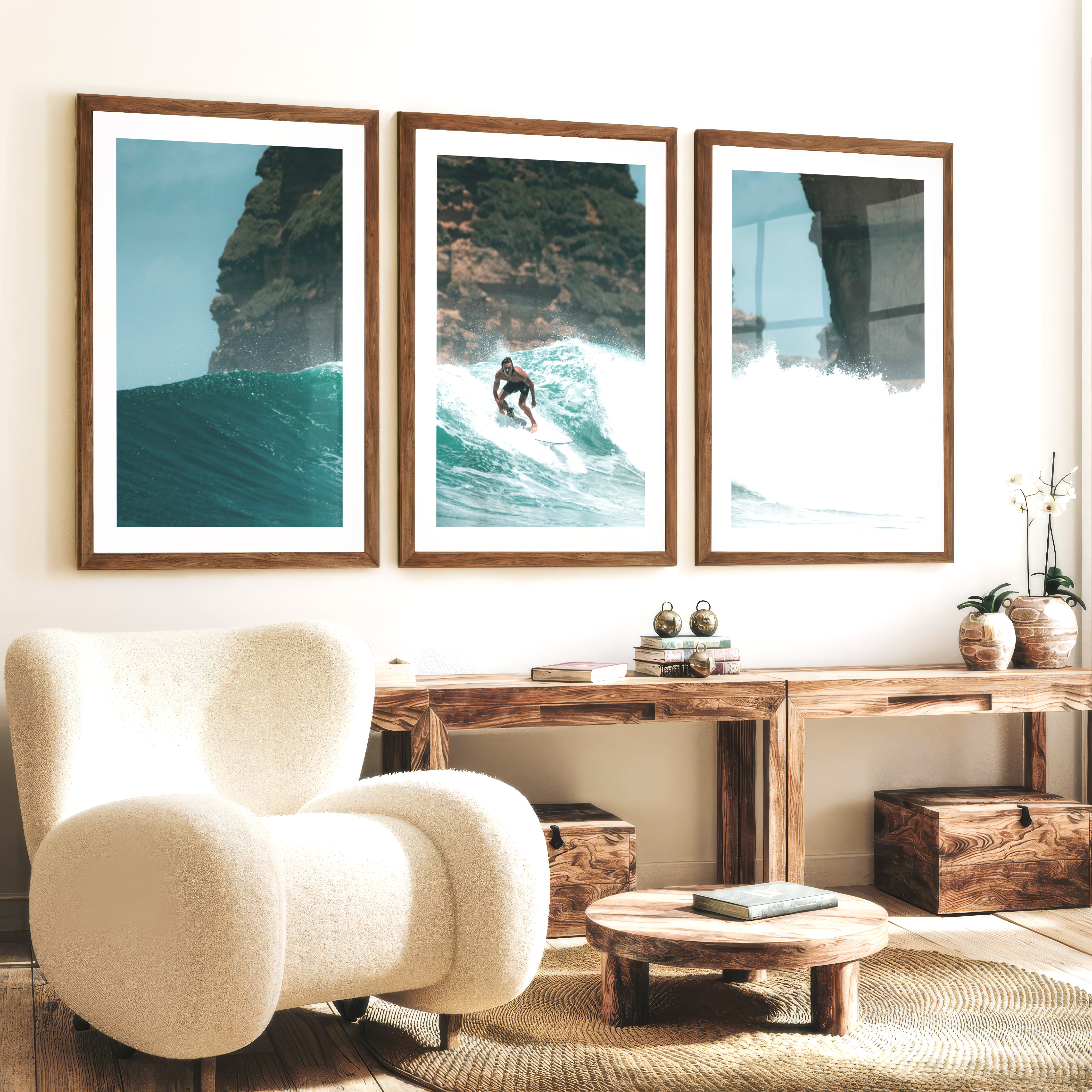 Island Break Surfer sea themed wall decor - Dark Brown Framed Poster with White Border - Artworksets