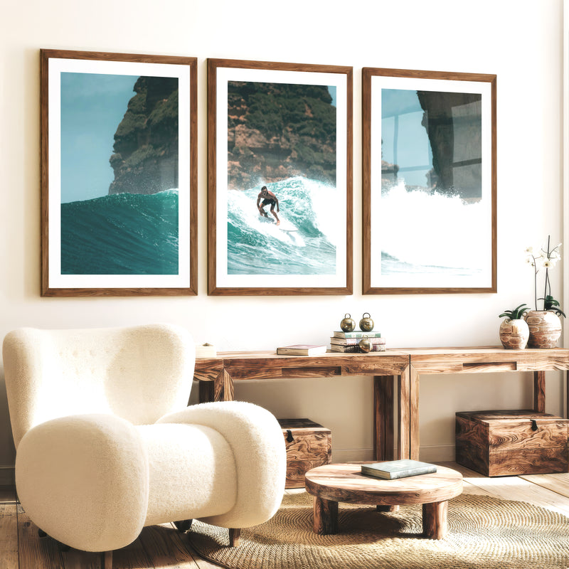 Island Break Surfer sea themed wall decor - Dark Brown Framed Poster with White Border - Artworksets