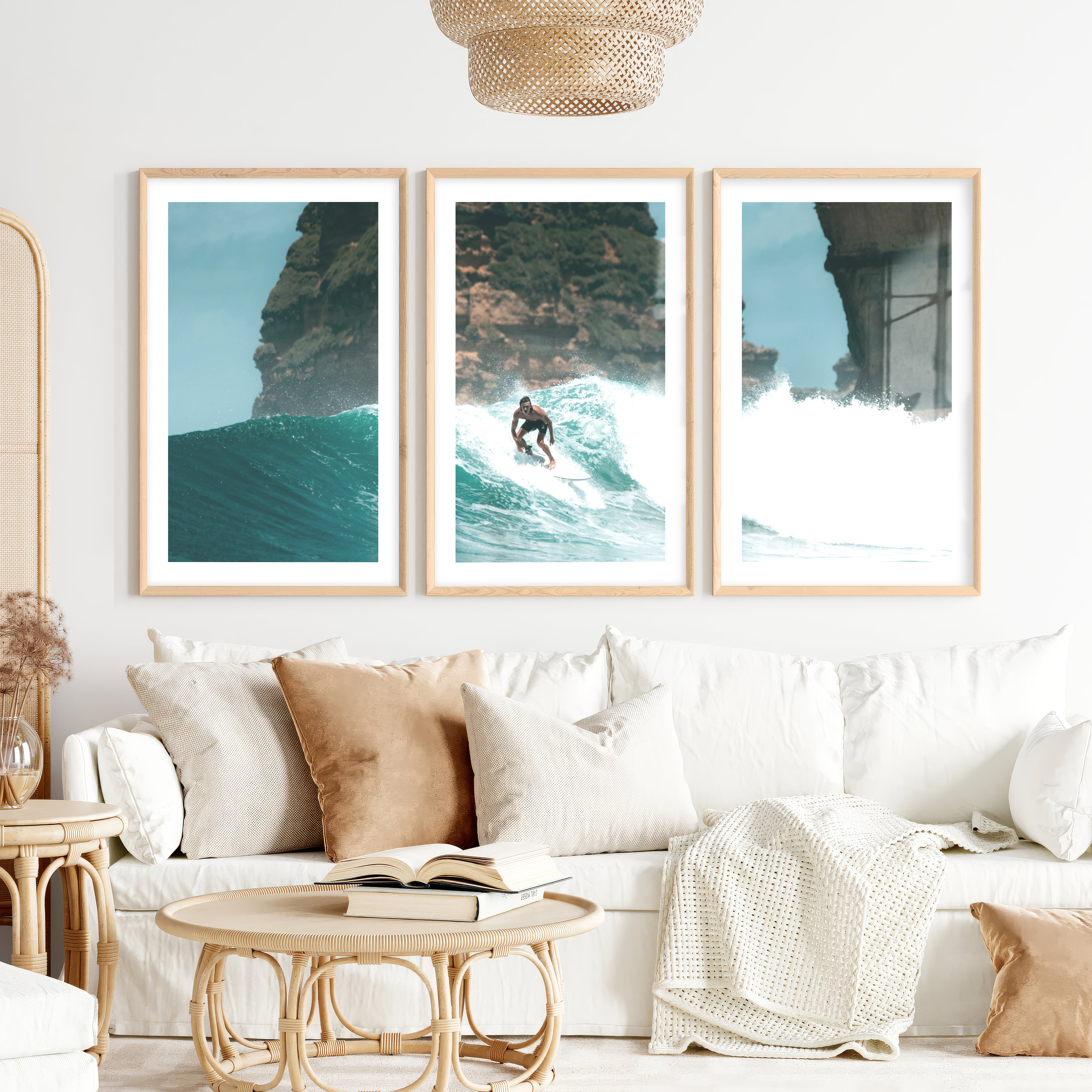 Island Break Surfer sea themed wall decor- Natural Wood Framed Poster with White Border - Artworksets