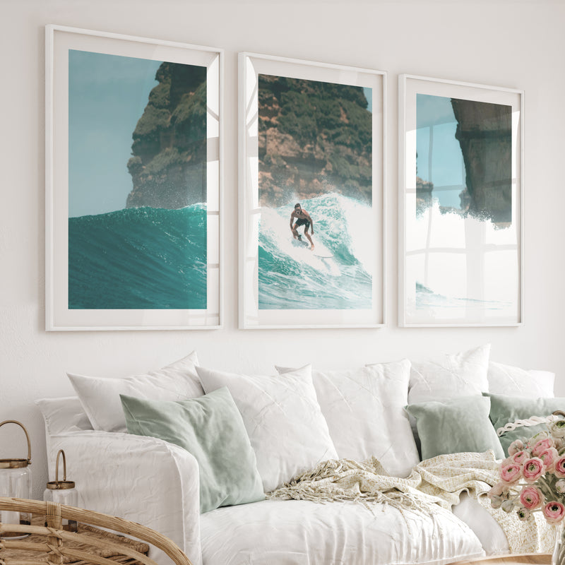 Island Break Surfer sea themed wall decor - White Framed Poster with White Border - Artworksets