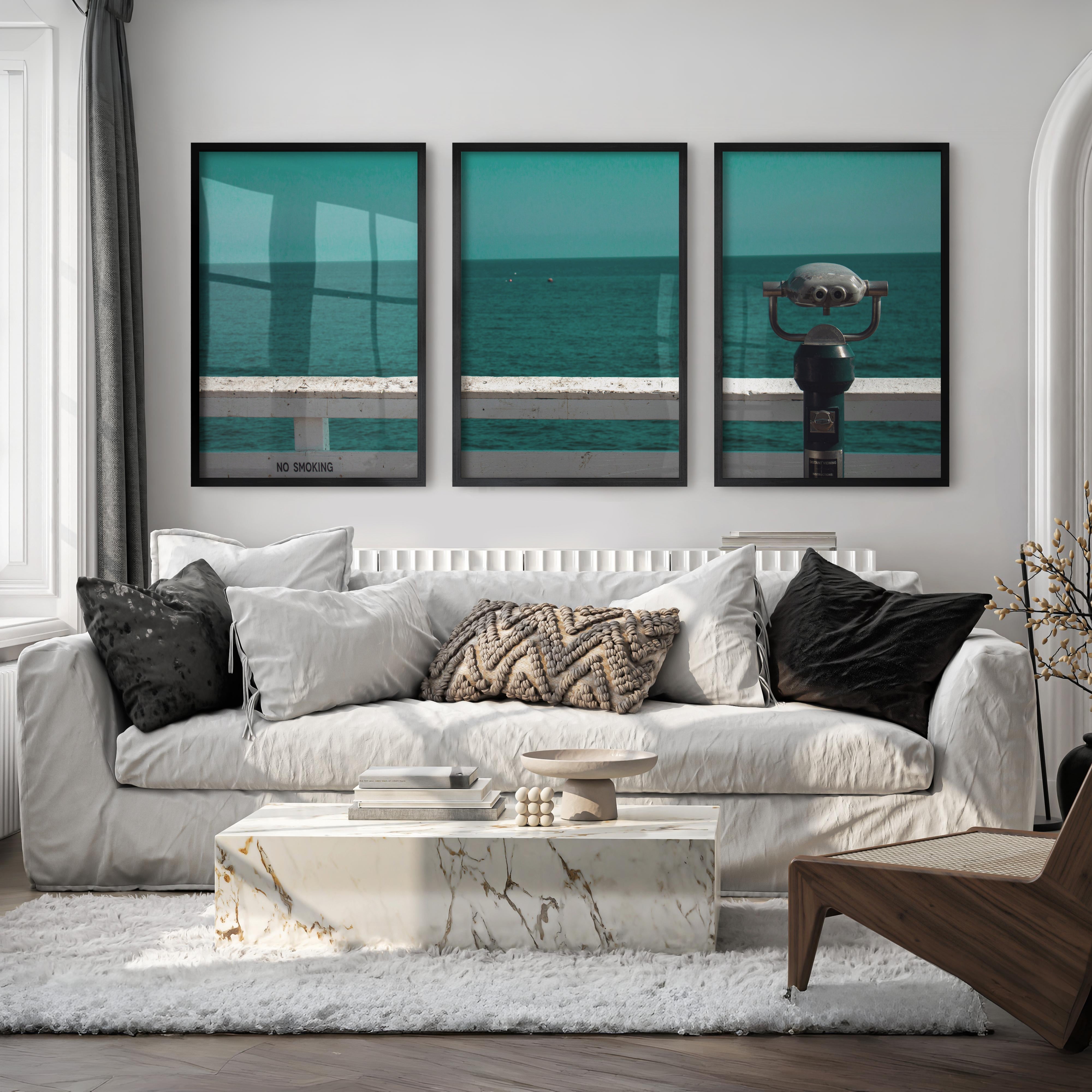 Pier Telescope sea view posters over Deep Blue Water - Black Framed Poster No Border - Artworksets