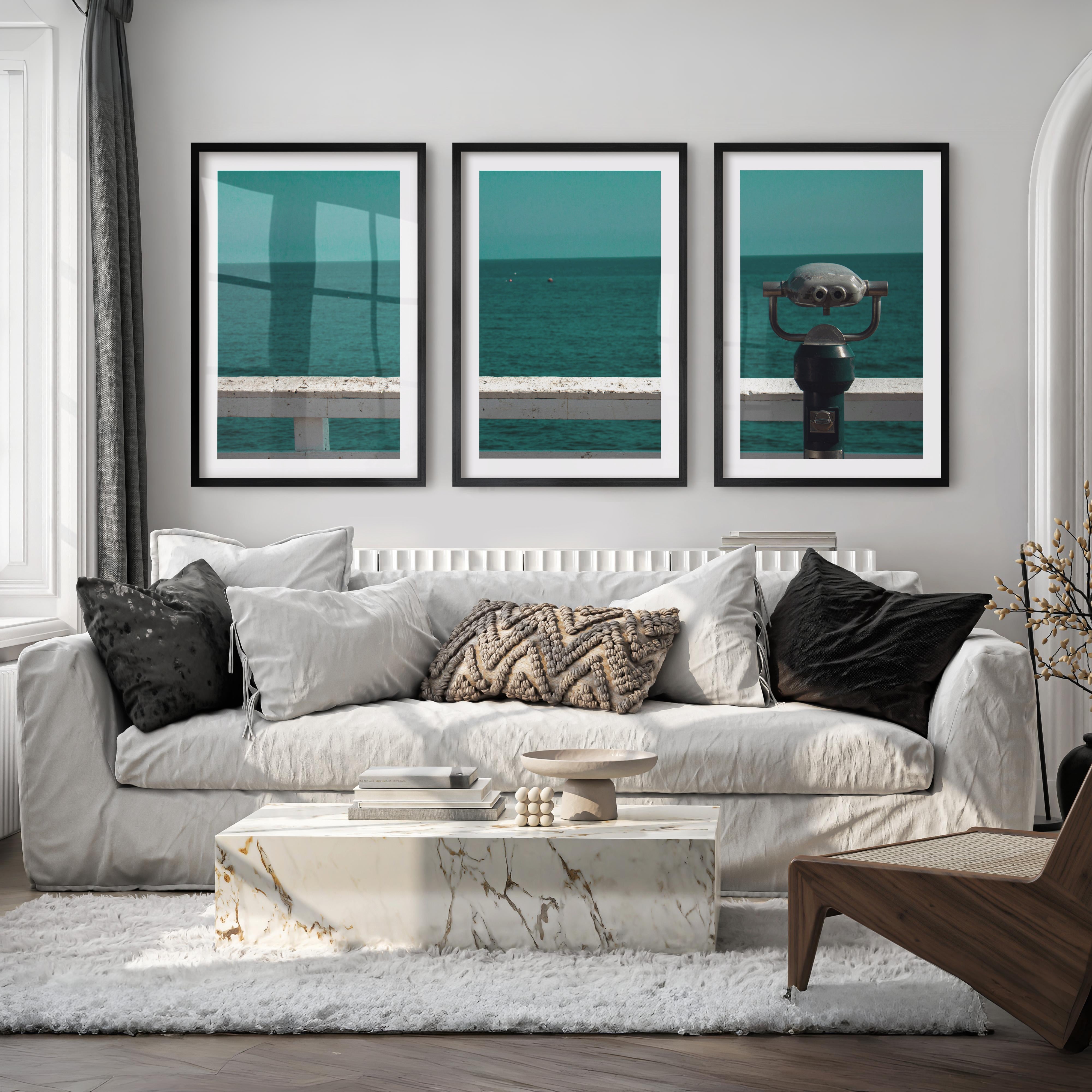Pier Telescope sea view posters over Deep Blue Water - Black Framed Poster with White Border - Artworksets