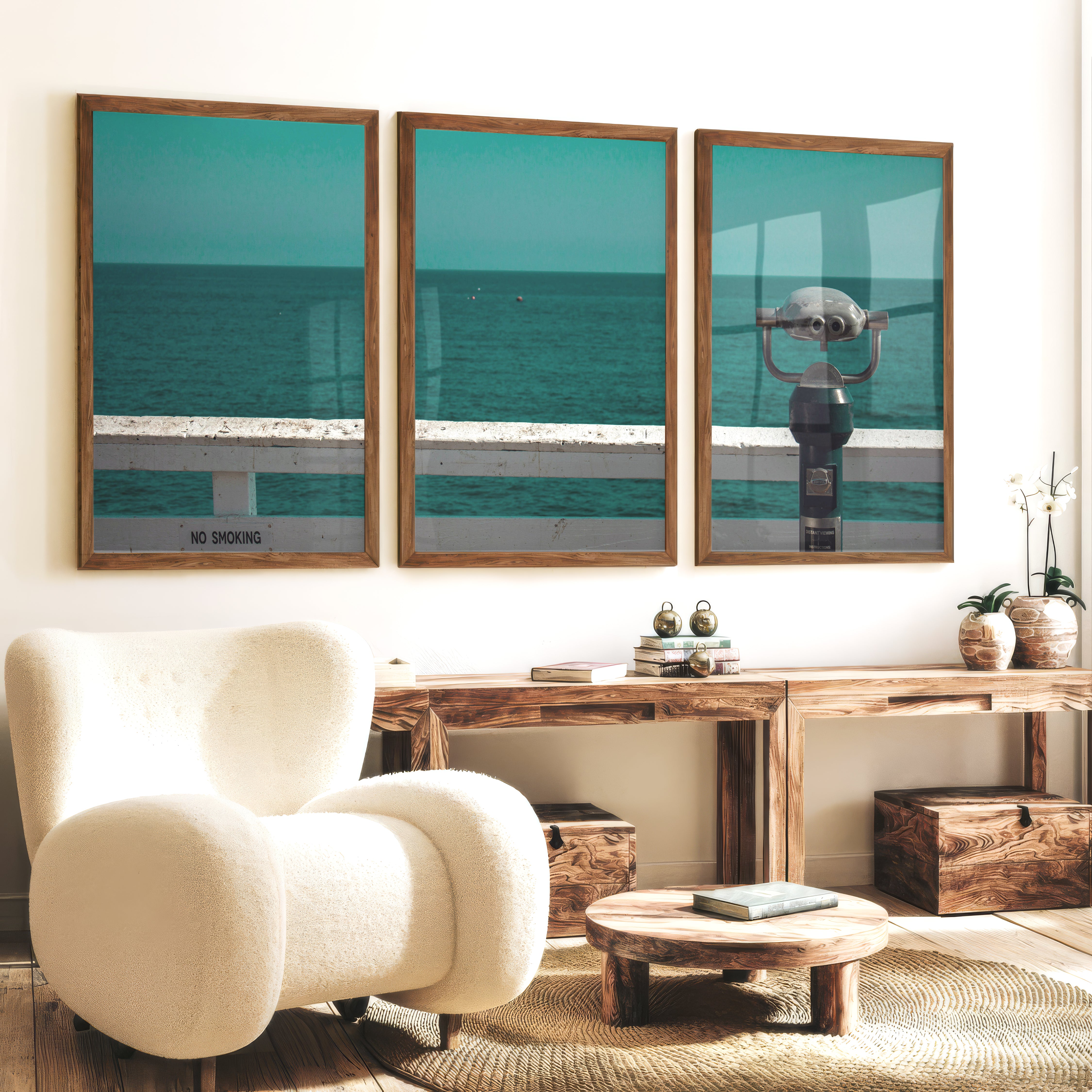 Pier Telescope sea view posters over Deep Blue Water - Dark Brown Framed Poster No Border - Artworksets