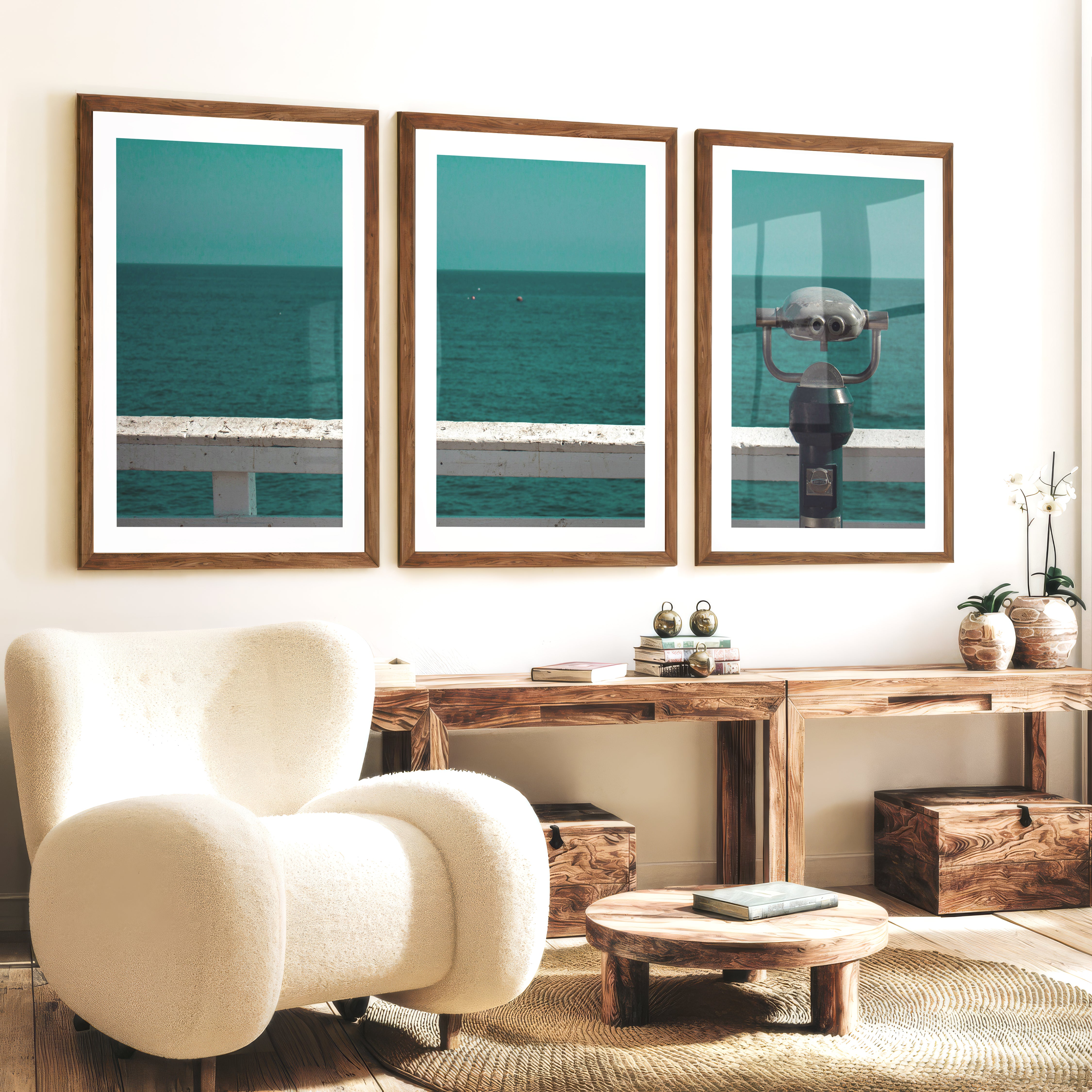 Pier Telescope sea view posters over Deep Blue Water - Dark Brown Framed Poster with White Border - Artworksets