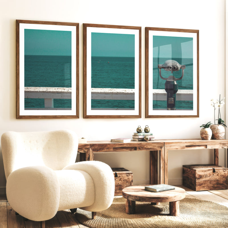Pier Telescope sea view posters over Deep Blue Water - Dark Brown Framed Poster with White Border - Artworksets