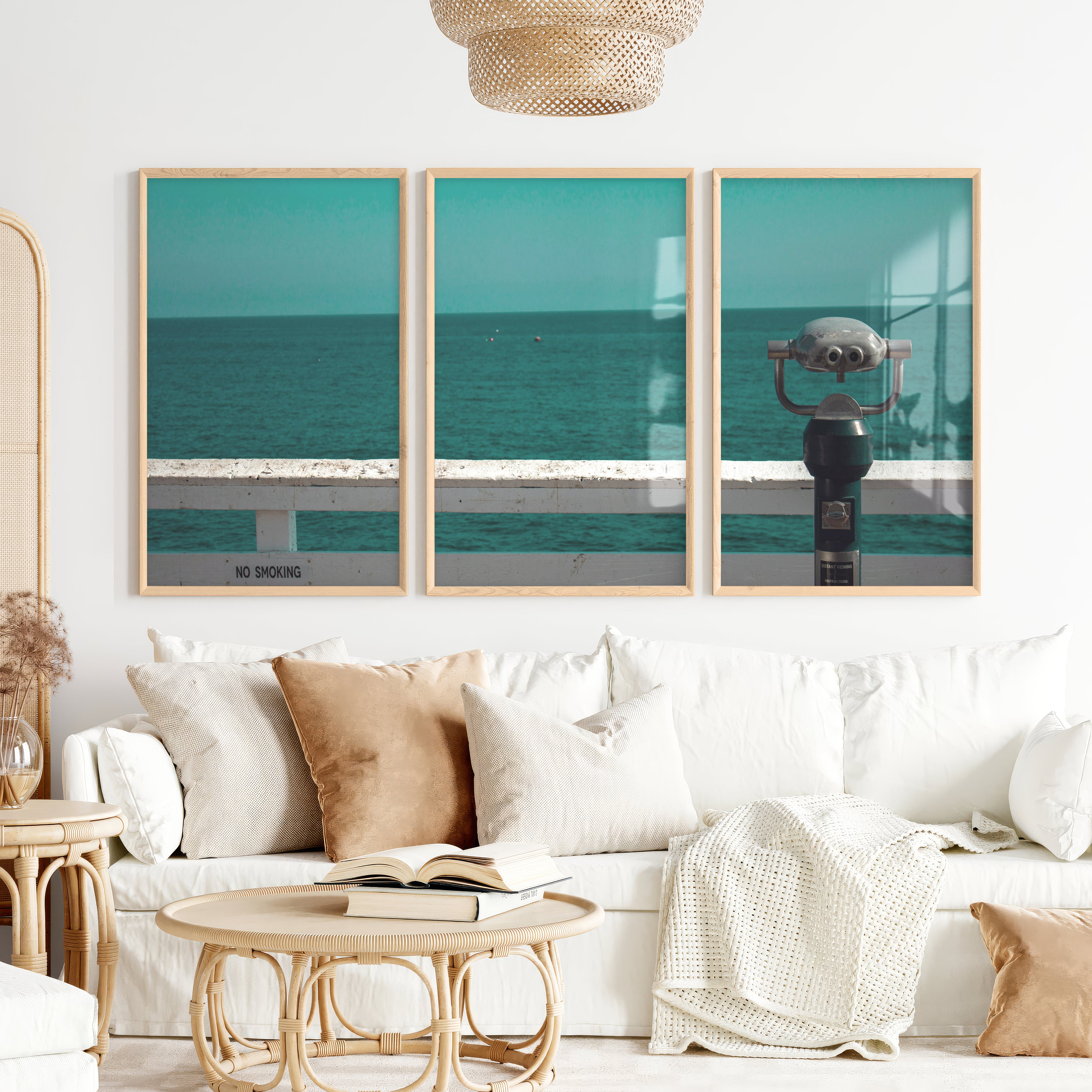 Pier Telescope sea view posters over Deep Blue Water - Natural Wood Framed Poster No Border - Artworksets
