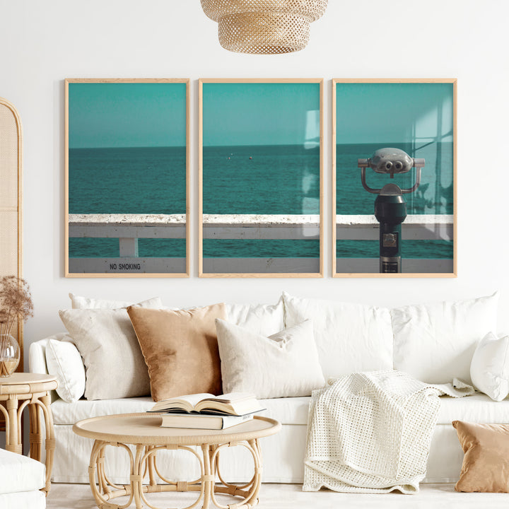 Pier Telescope sea view posters over Deep Blue Water - Natural Wood Framed Poster No Border - Artworksets