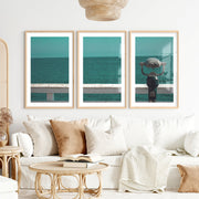 Pier Telescope sea view posters over Deep Blue Water- Natural Wood Framed Poster with White Border - Artworksets