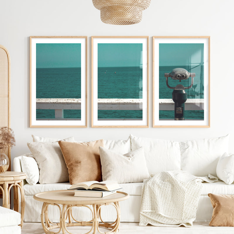 Pier Telescope sea view posters over Deep Blue Water- Natural Wood Framed Poster with White Border - Artworksets
