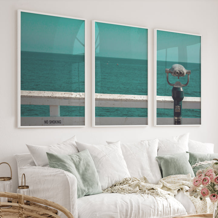 Pier Telescope sea view posters over Deep Blue Water - White Framed Poster No Border - Artworksets