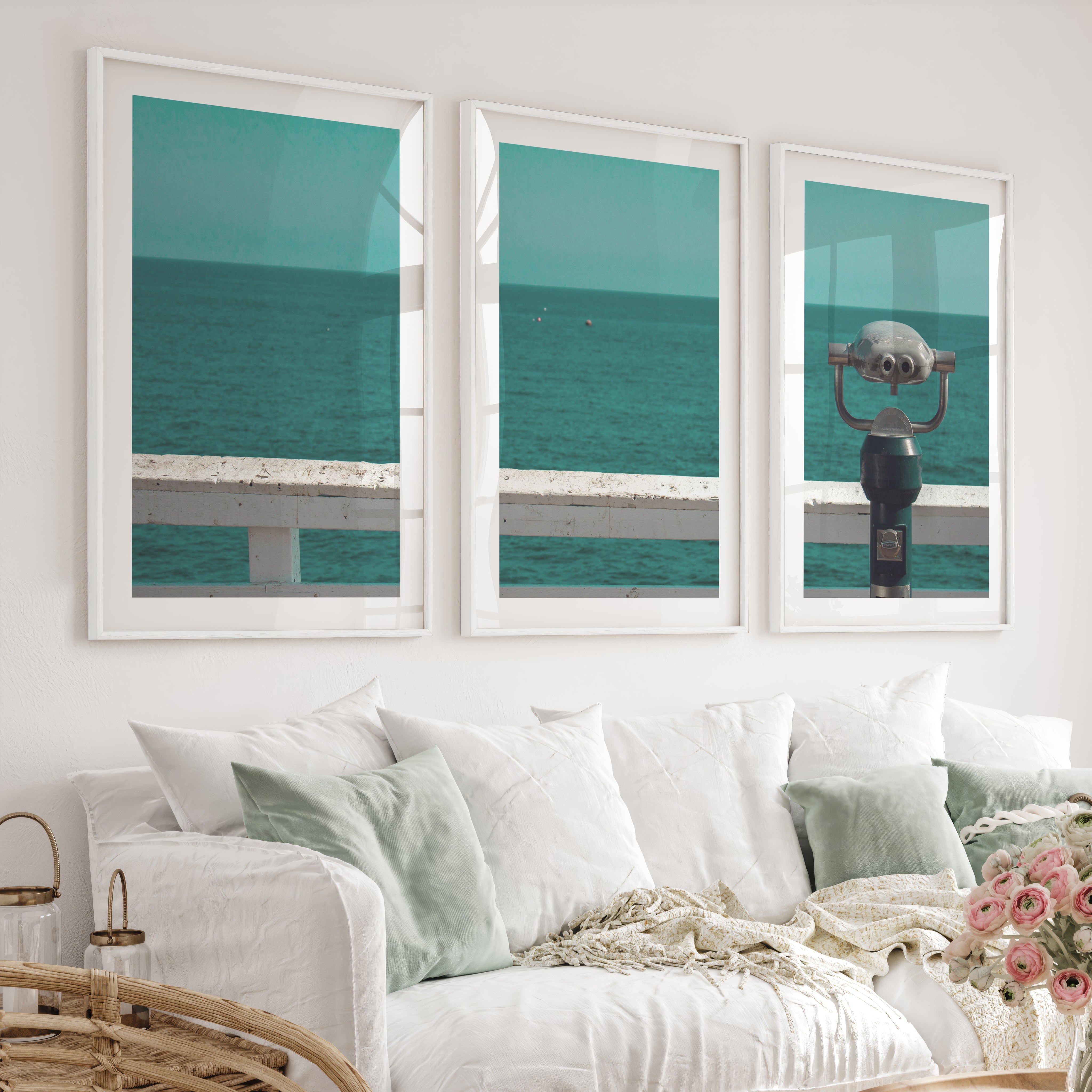 Pier Telescope sea view posters over Deep Blue Water - White Framed Poster with White Border - Artworksets